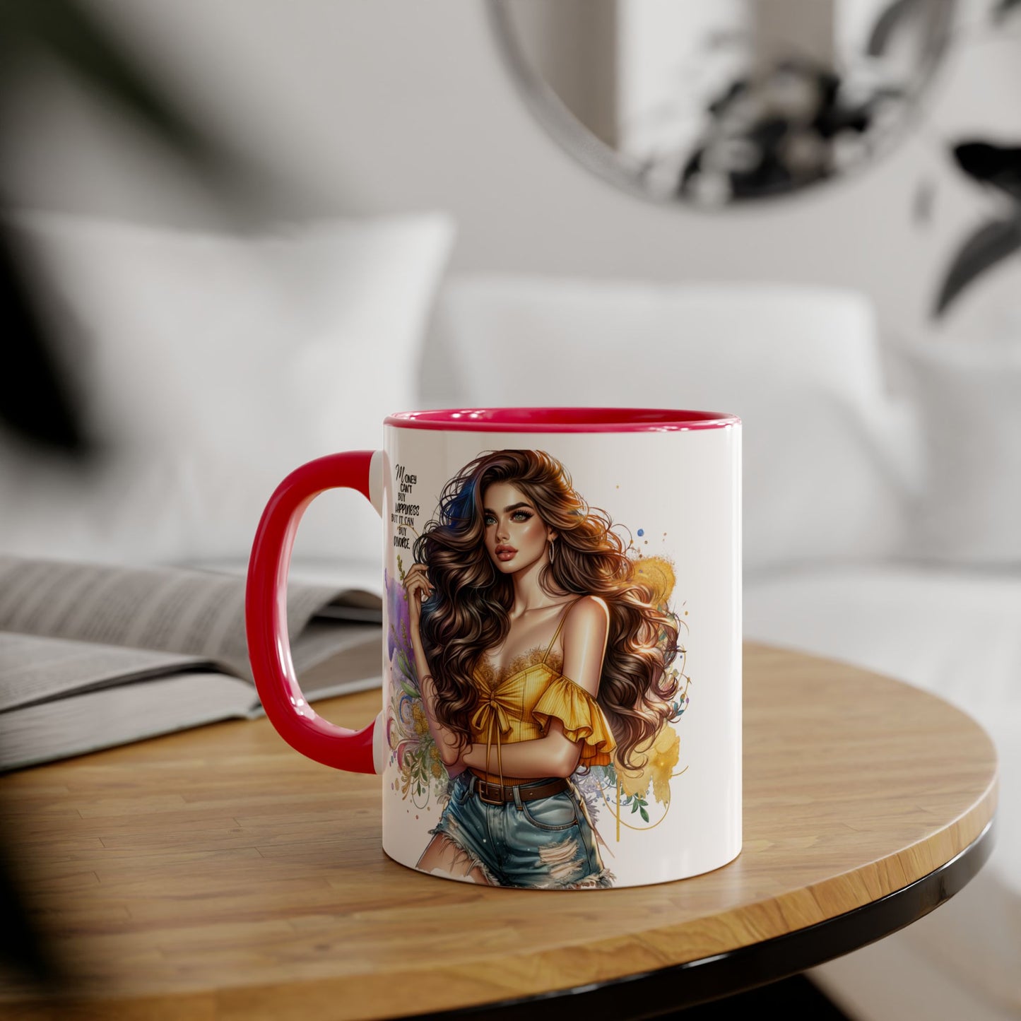 Money Can't Buy Happiness But It Can Buy Divorce Humoristic Empowering Accent Mug, Inspirational Coffee Cup, Artful Drinkware for Self-Care, Perfect Gift for Birthdays, Motivational Decor