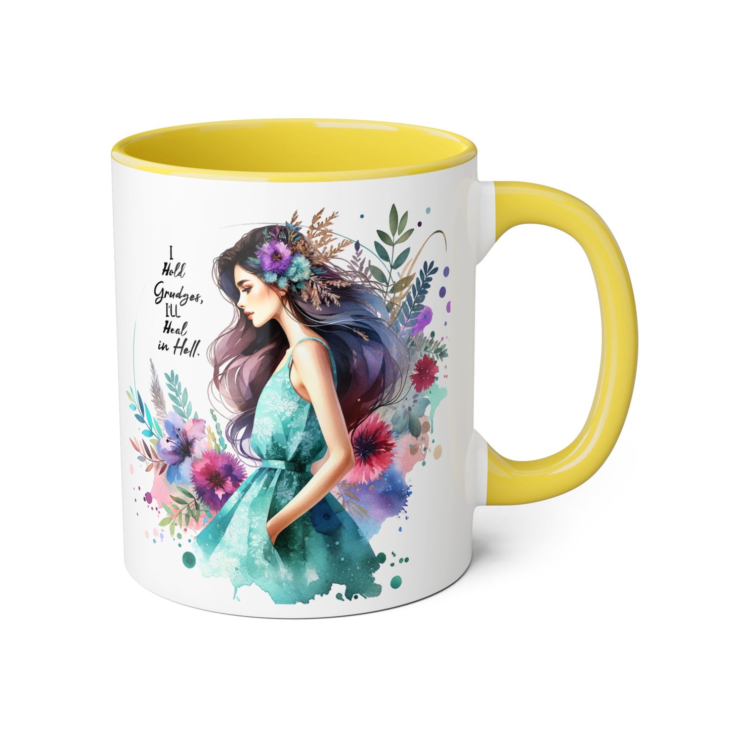 I Hold Grudges, I'll Heal in Hell Humoristic Colorful Accent Mug - Perfect Gift for Grandma, Artistic Coffee Cup, Floral Design Mug, Inspirational Quote Mug, Unique Drinkware