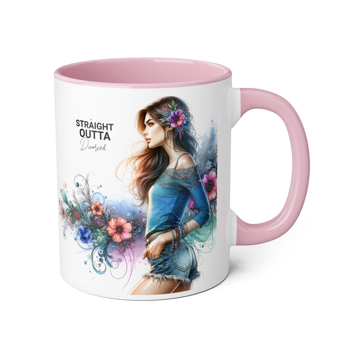 Straight Outta Divorced Humoristic Bohemian Accent Mugs with Floral Art – Trendy Coffee Cup, Gift for Friends, Decor, Home, Birthday, or Celebration