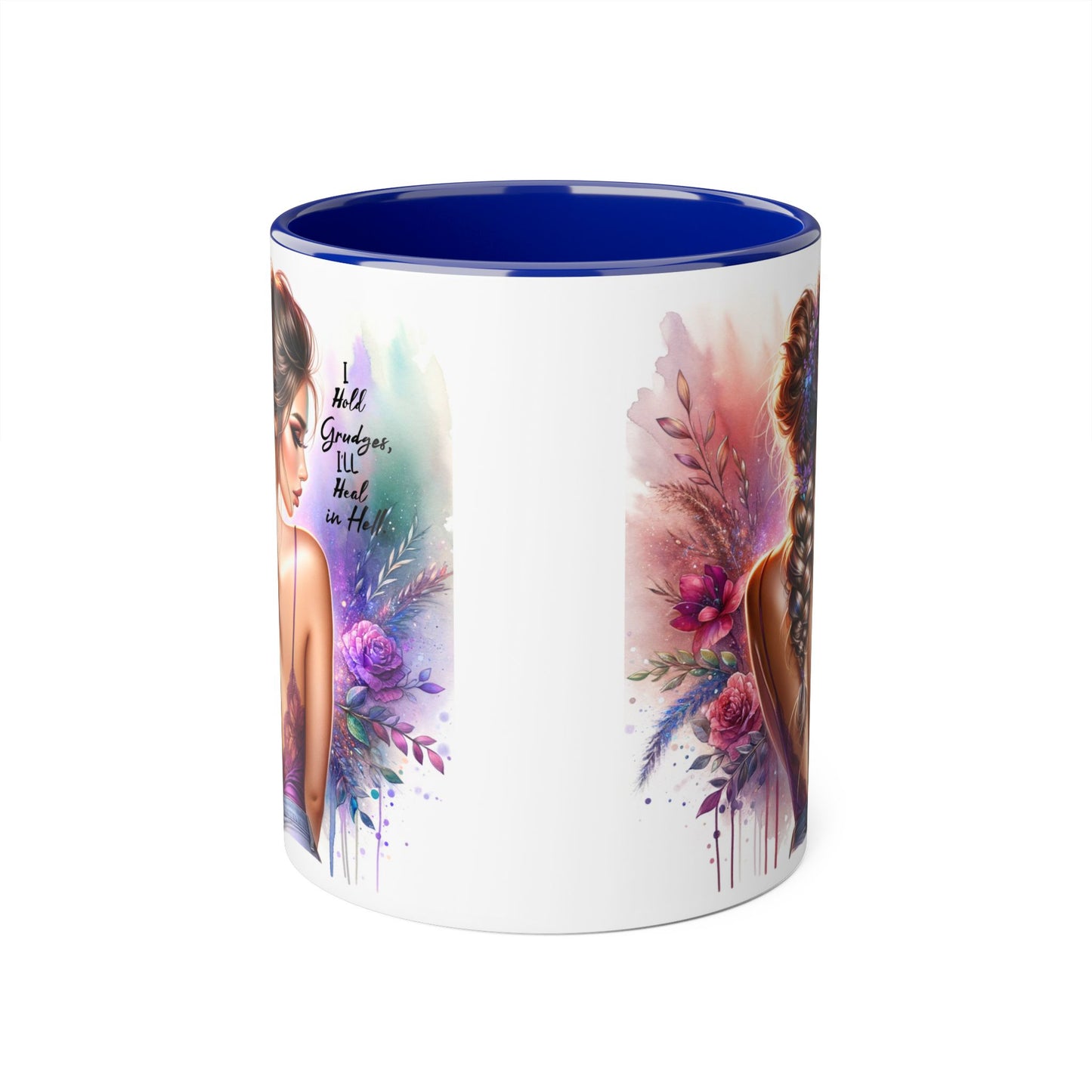 I Hold Grudges, I'll Heal in Hell Artistic Black Accent Mug, Inspirational Coffee Cup, Unique Gift for Her, Flower Design Tea Mug, Stylish Drinkware for Every Occasion