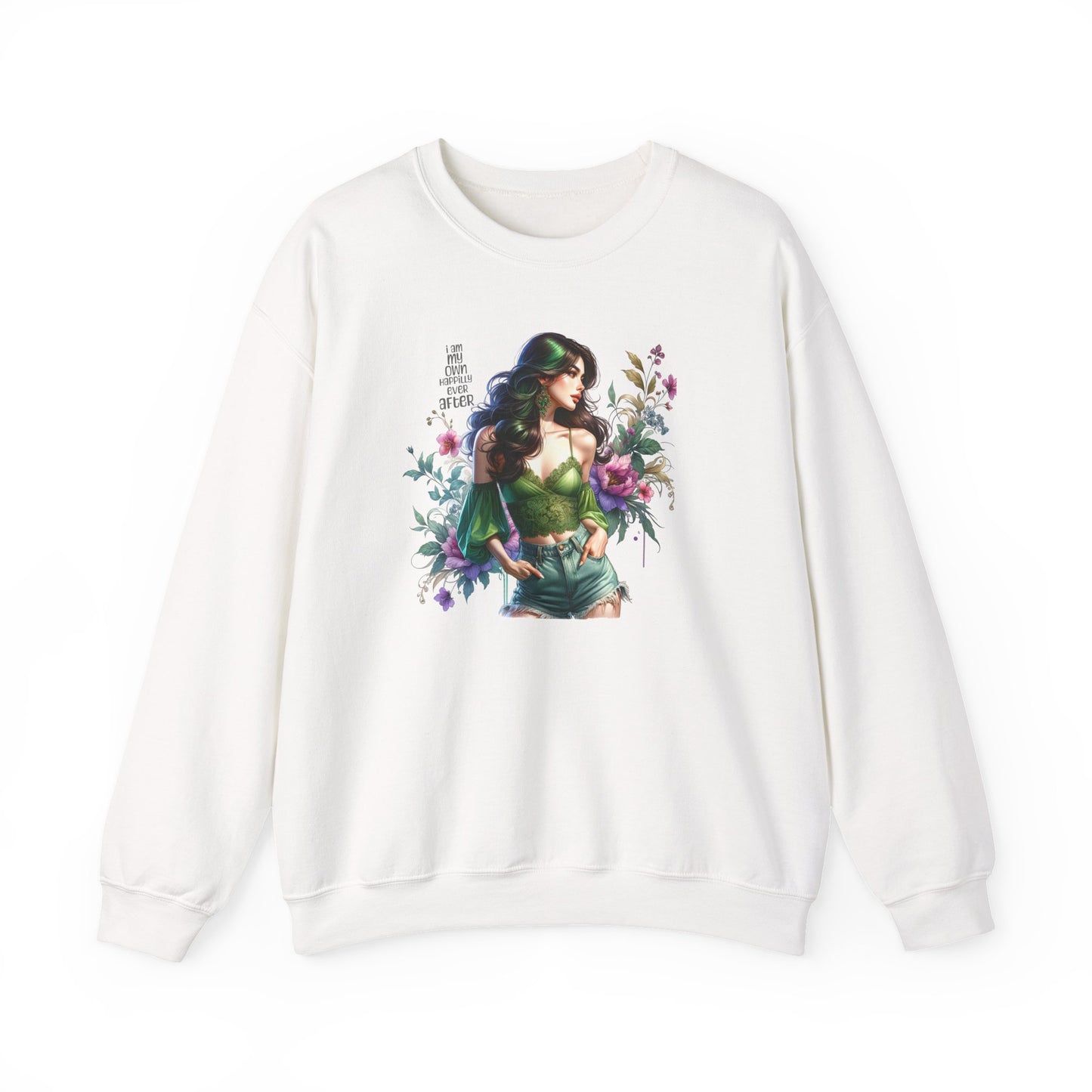 I Am My Own Happily Ever After Heroine Floral Sweatshirt | Unisex Cozy Crewneck, Gift for Her, Vintage Style, Plant Lover's Apparel, Superhero Inspired