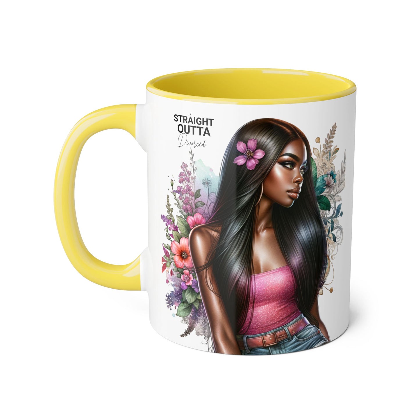 Straight Outta Divorced Humoristic Vibrant Statement Mug, Black Handle Coffee Cup, Floral Art Beverage Mug, Gift for Her, Inspirational Drinkware, Birthday Mug