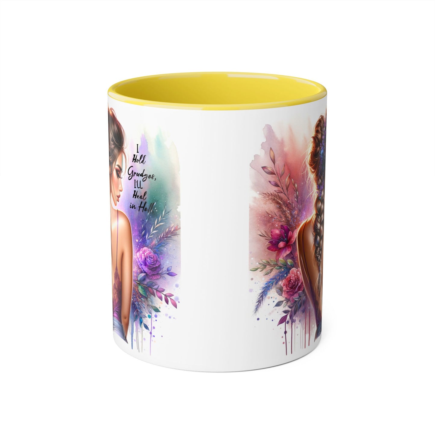 I Hold Grudges, I'll Heal in Hell Artistic Black Accent Mug, Inspirational Coffee Cup, Unique Gift for Her, Flower Design Tea Mug, Stylish Drinkware for Every Occasion