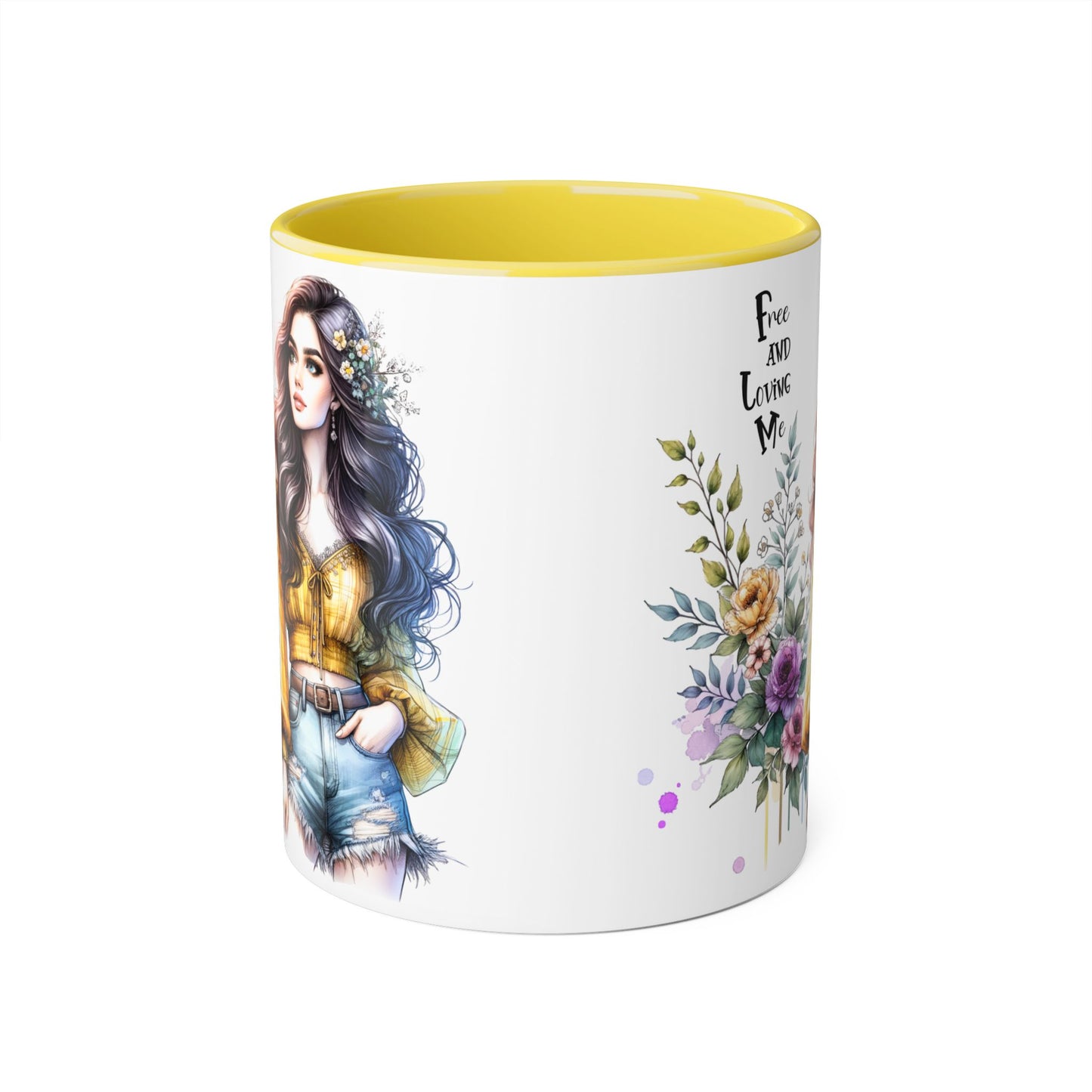 Bohemian Floral Accent Mug, Free and Loving Me Coffee Cup, Gift for Her, Unique Art Mug, Morning Beverage Lover's Gift