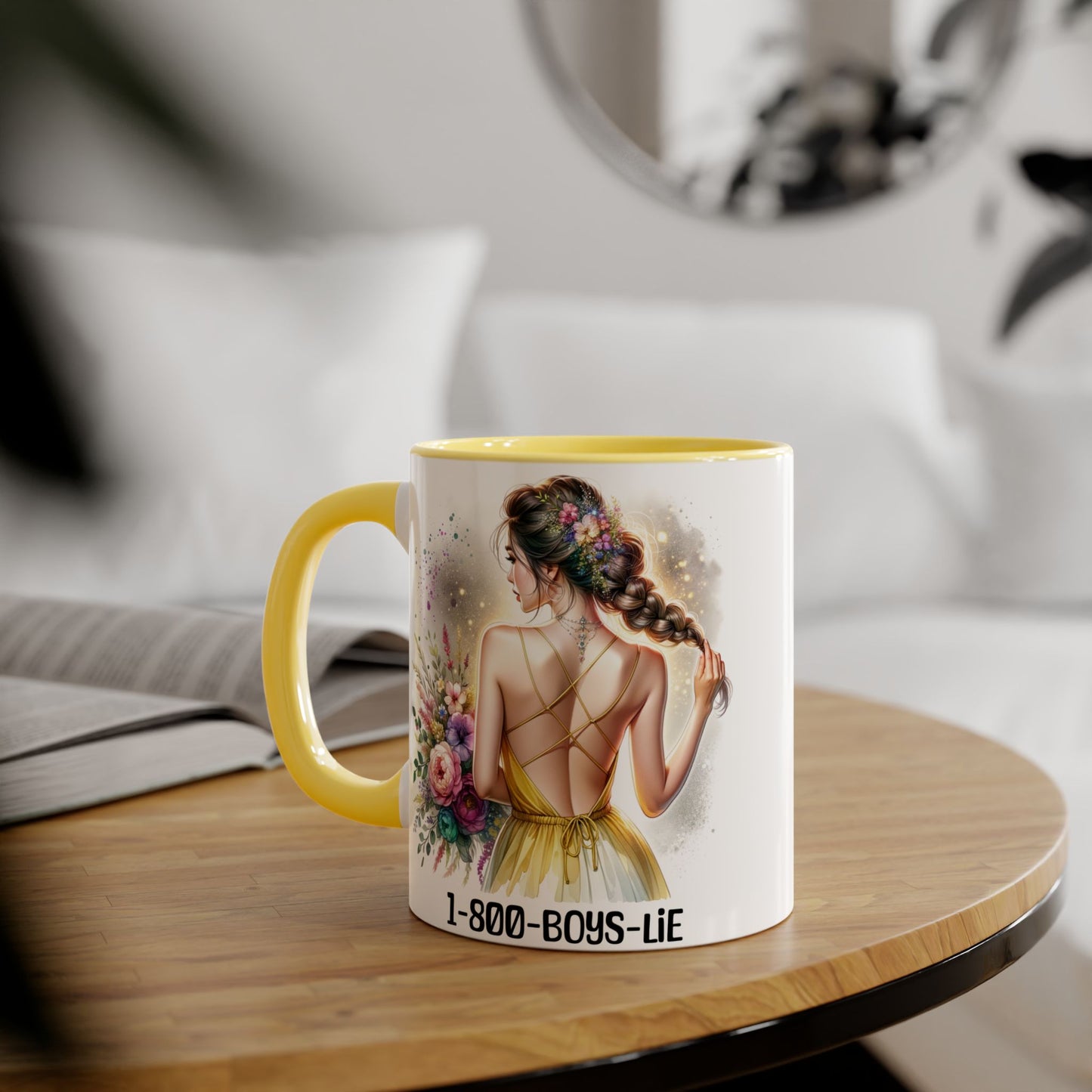 1-800-BOYS-LIE Chic Floral Accent Mug, Artistic Coffee Cup, Gift for Her, Inspirational Tea Mug, Floral Design Drinkware, Home Decor