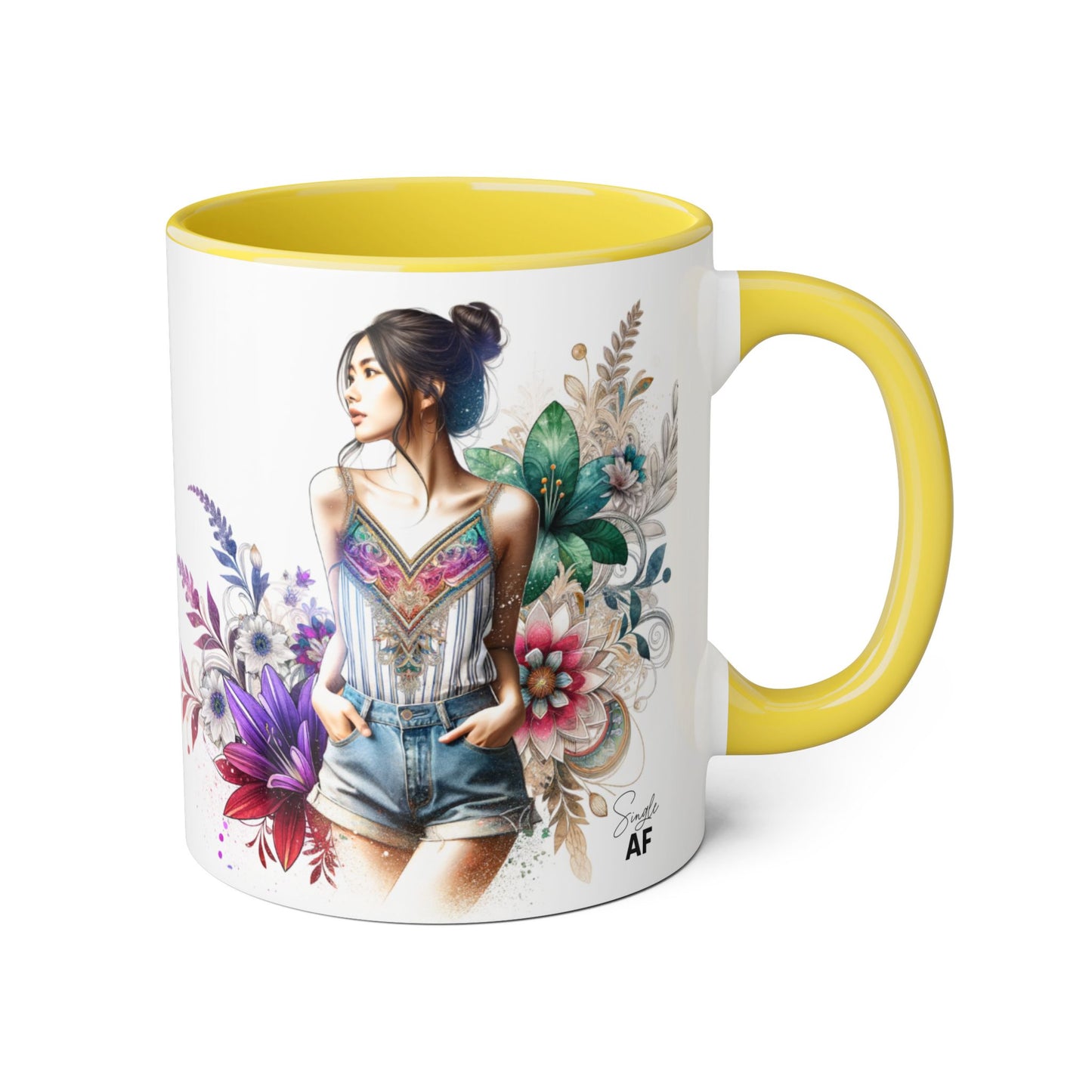 Single AF Boho Flower Accent Mug - Artistic Coffee Cup, Floral Design, Gift for Her, Birthday, Home Decor, Unique Artwork, 11oz