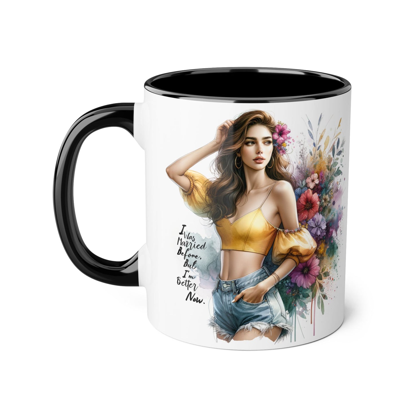 I Was Married Before But I'm Better Now Humoristic Chic Floral Accent Mug - Inspirational Art for Coffee Lovers, Gifts for Friends, Home Decor, Motivational Drinkware, Birthday Present