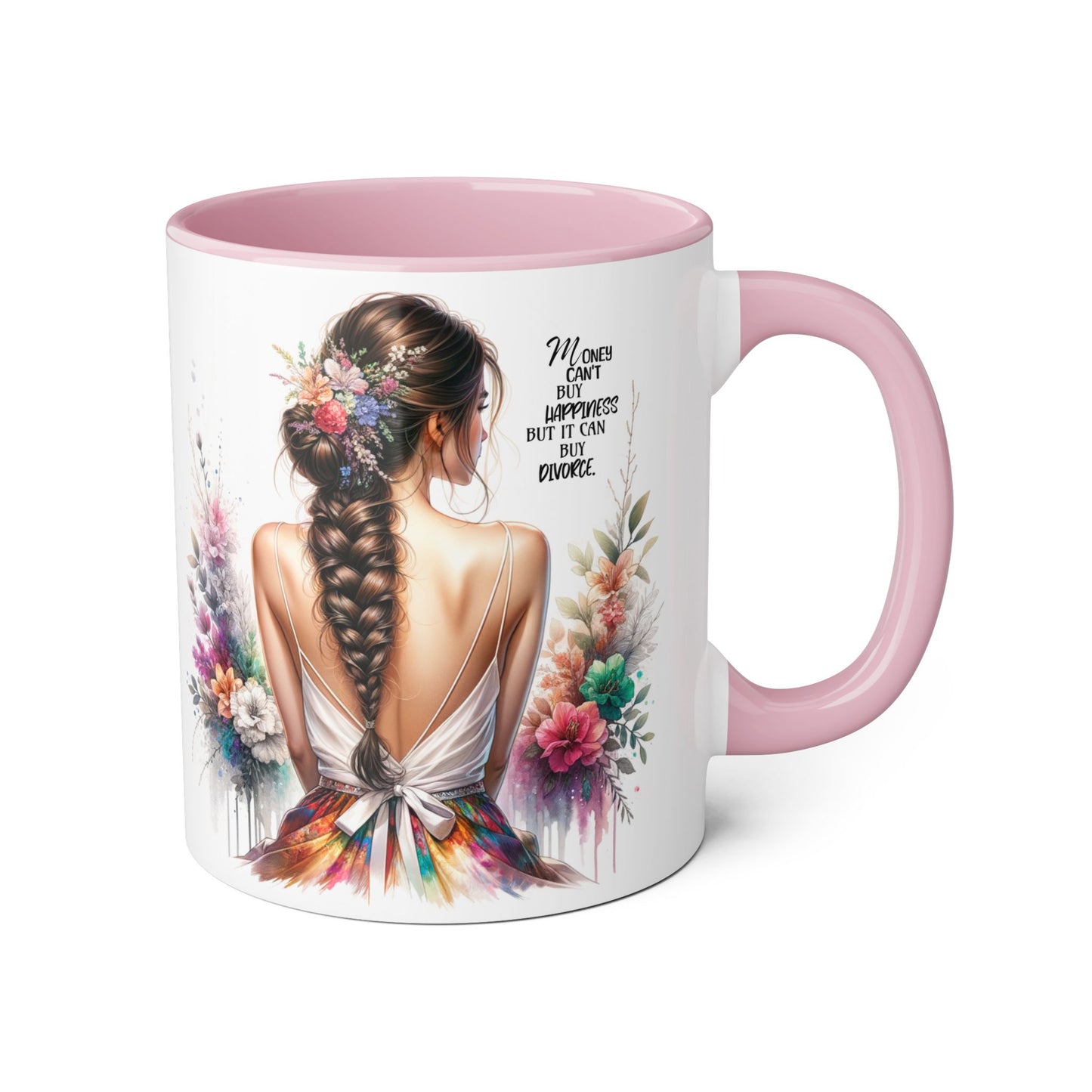 Money Can't Buy Happiness But It Can Buy Divorce Humoristic Inspirational Accent Mug, 11oz Coffee Cup for Women, Gift for Her, Floral Design, Motivational Quote Mug, Birthday Gift