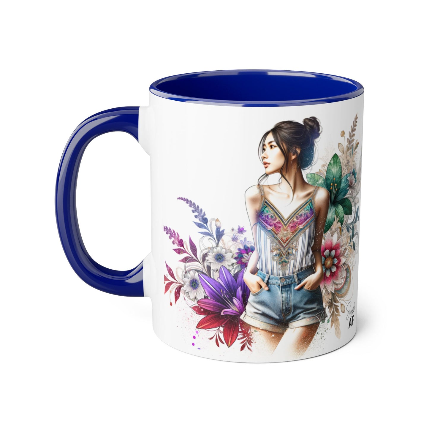 Single AF Boho Flower Accent Mug - Artistic Coffee Cup, Floral Design, Gift for Her, Birthday, Home Decor, Unique Artwork, 11oz