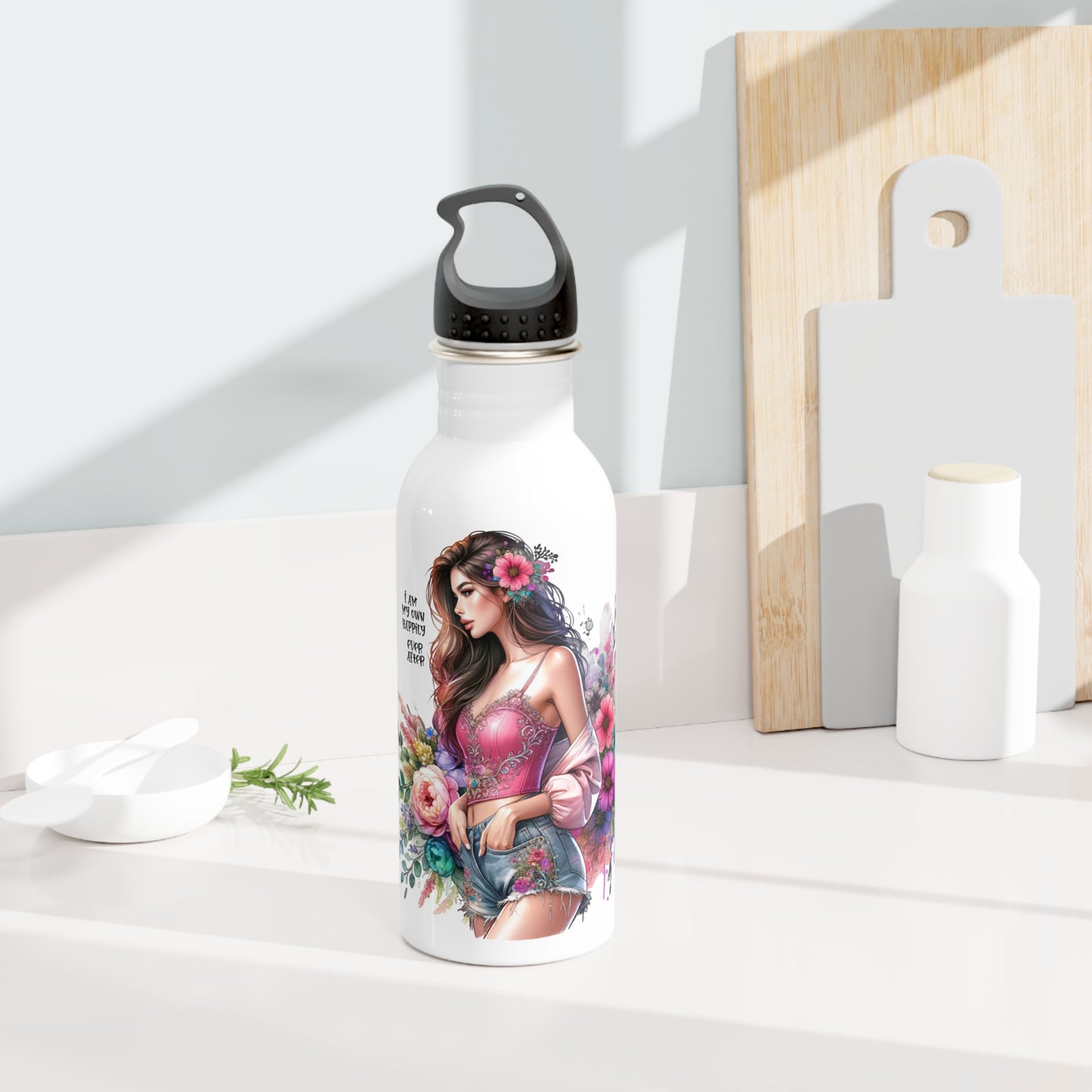I Am My Own Happily Ever After Floral Art Stainless Steel Water Bottle - Inspirational Design for Stylish Hydration