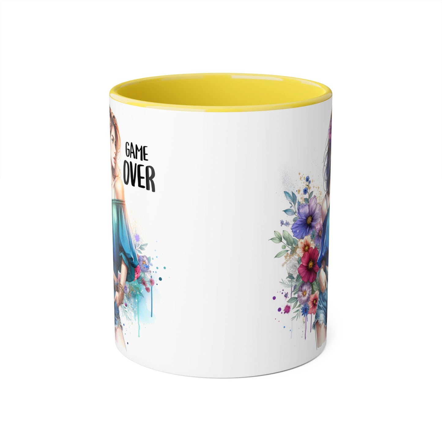 Vibrant Game Over Accent Mug - Floral Design, 11oz Coffee Cup, Unique Gift, for Gamers, Birthday or Everyday Use