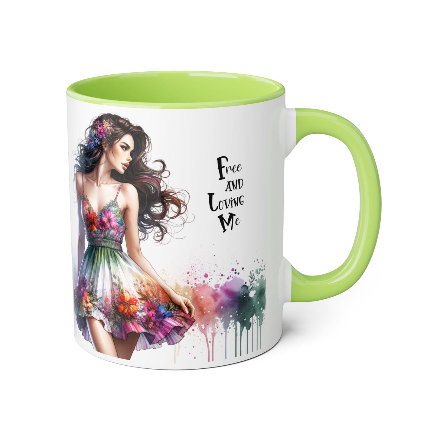Floral Art Inspirational Coffee Mug, Free and Loving Me, Gift for Her, Colorful Drinkware, Boho Mug, Artistic Tea Cup