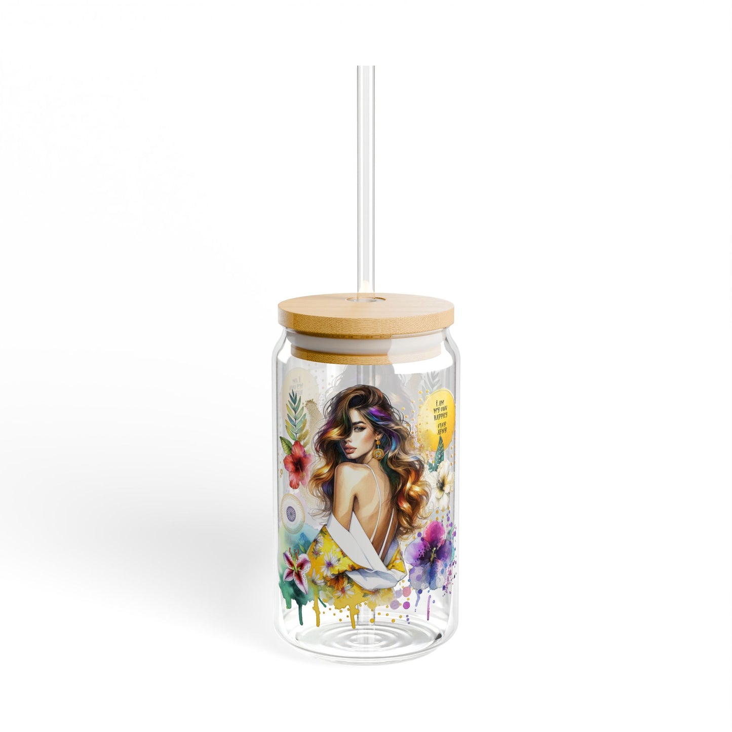I Am My Own Happily Ever After Floral Sipper Glass, 16oz – Eco-Friendly Drinkware, Perfect for Summer, Garden Parties, Gifts for Her, Sustainable Style