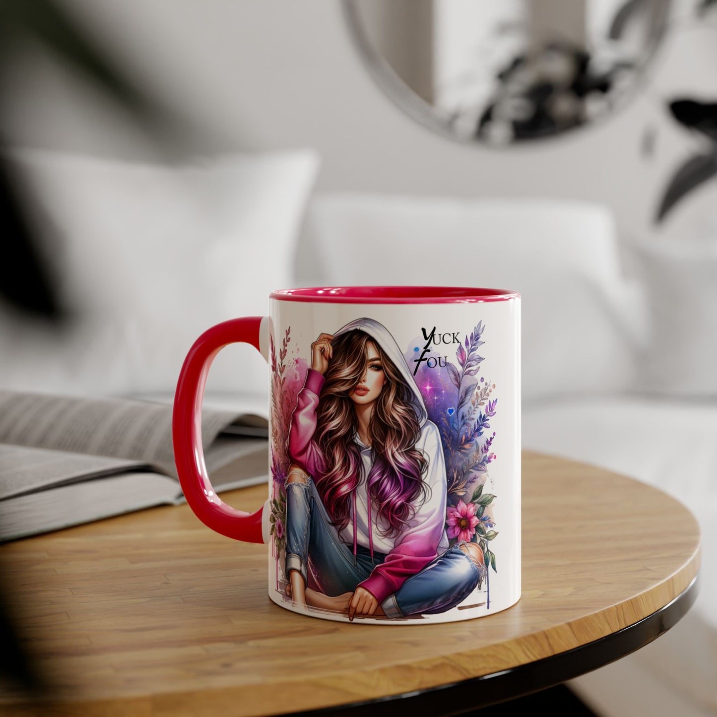 Yuck Fou Chic Floral Accent Mug, Inspirational Coffee Cup, Gift for Her, Relaxing Tea Mug, Boho Style Drinkware, Unique Home Decor