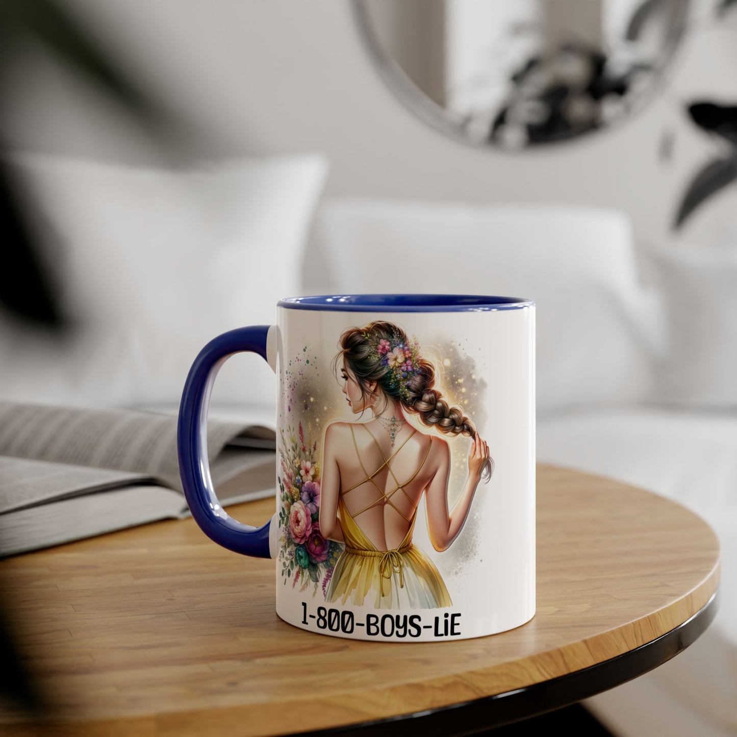 1-800-BOYS-LIE Chic Floral Accent Mug, Artistic Coffee Cup, Gift for Her, Inspirational Tea Mug, Floral Design Drinkware, Home Decor