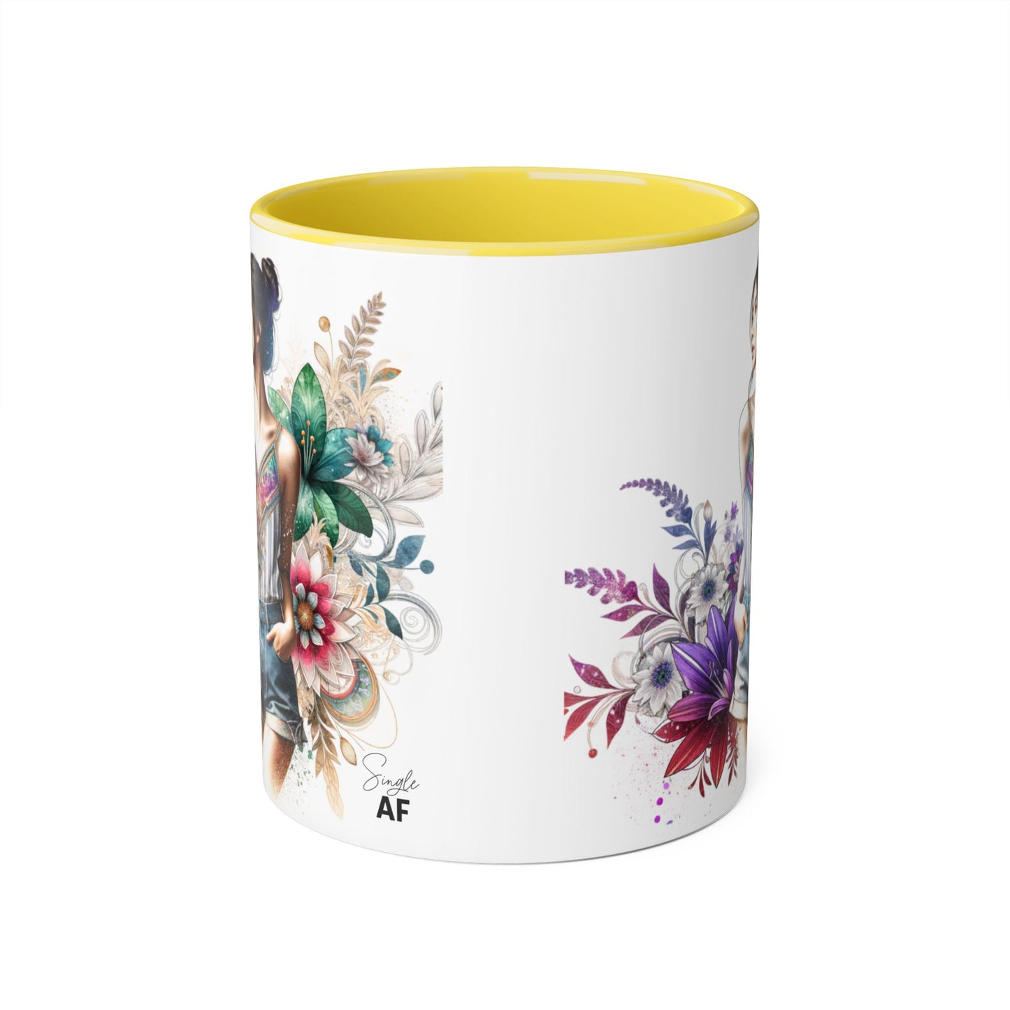 Single AF Boho Flower Accent Mug - Artistic Coffee Cup, Floral Design, Gift for Her, Birthday, Home Decor, Unique Artwork, 11oz
