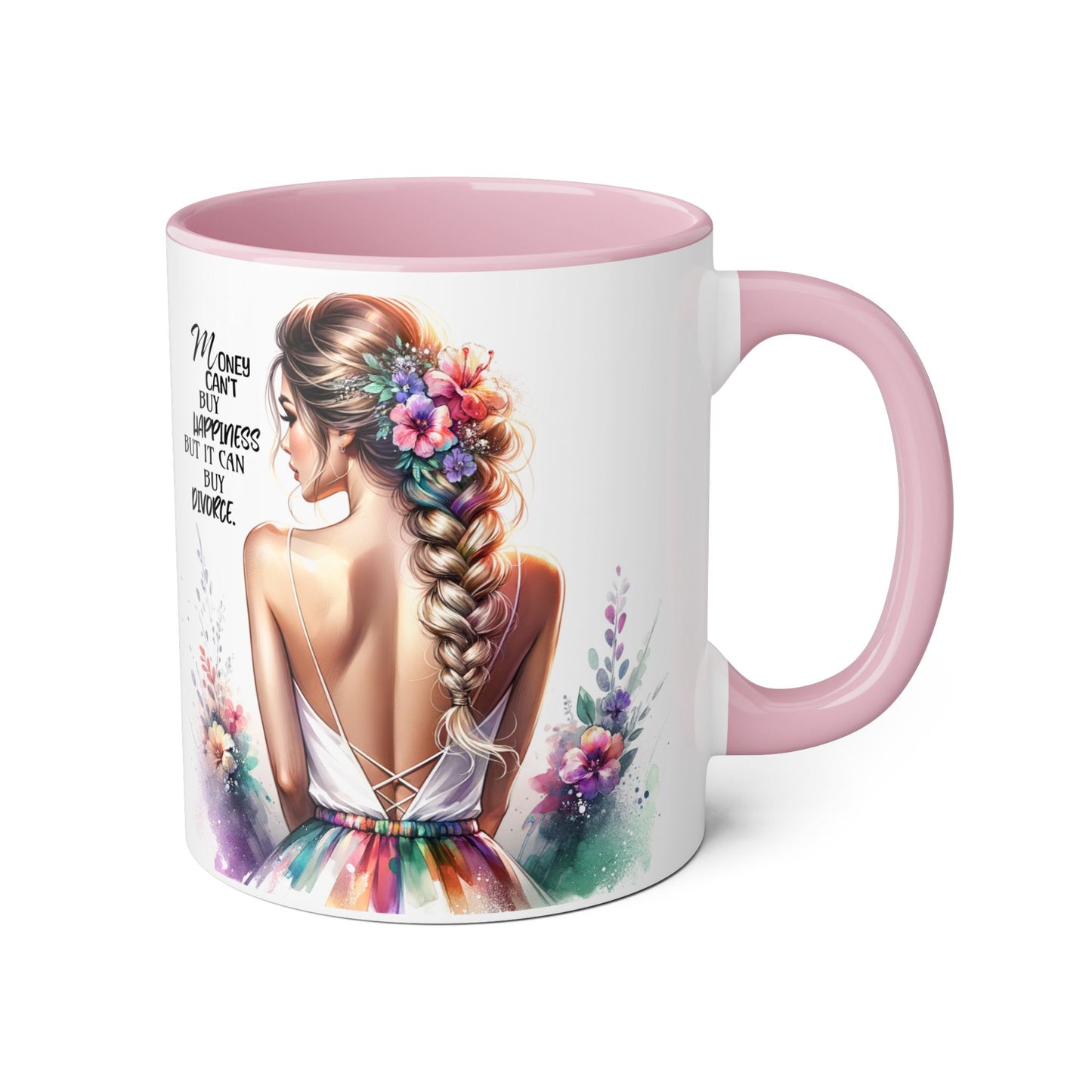 Money Can't Buy Happiness But It Can Buy Divorce Humoristic Inspirational Floral Accent Mug, 11oz Coffee Cup for Moms, Uplifting Gift for Mother's Day, Motivational Drinkware, Unique Art Mug