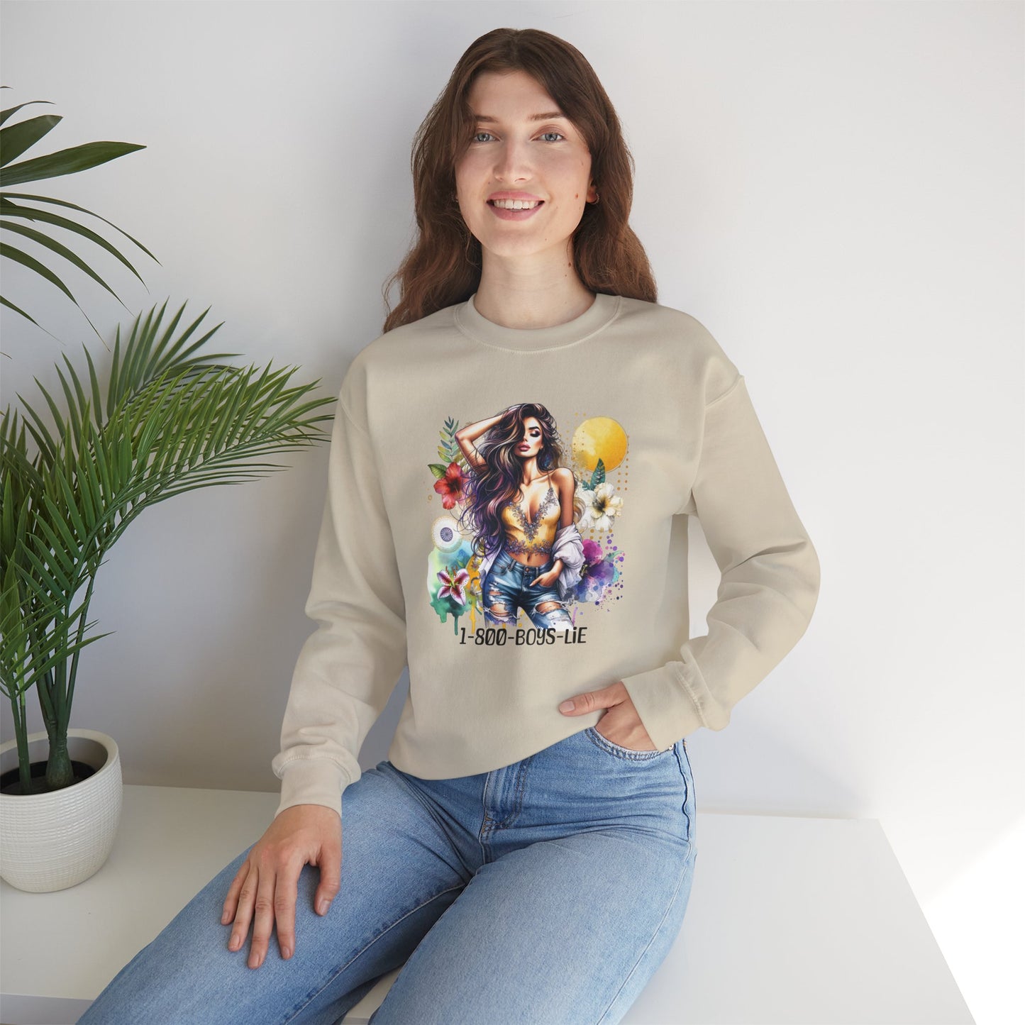1-800-Boys-Lie Boho Chic Crewneck Sweatshirt with Floral Design, Unisex Gift, Self-Love Apparel, Cozy Casual Wear, Perfect for Relaxation