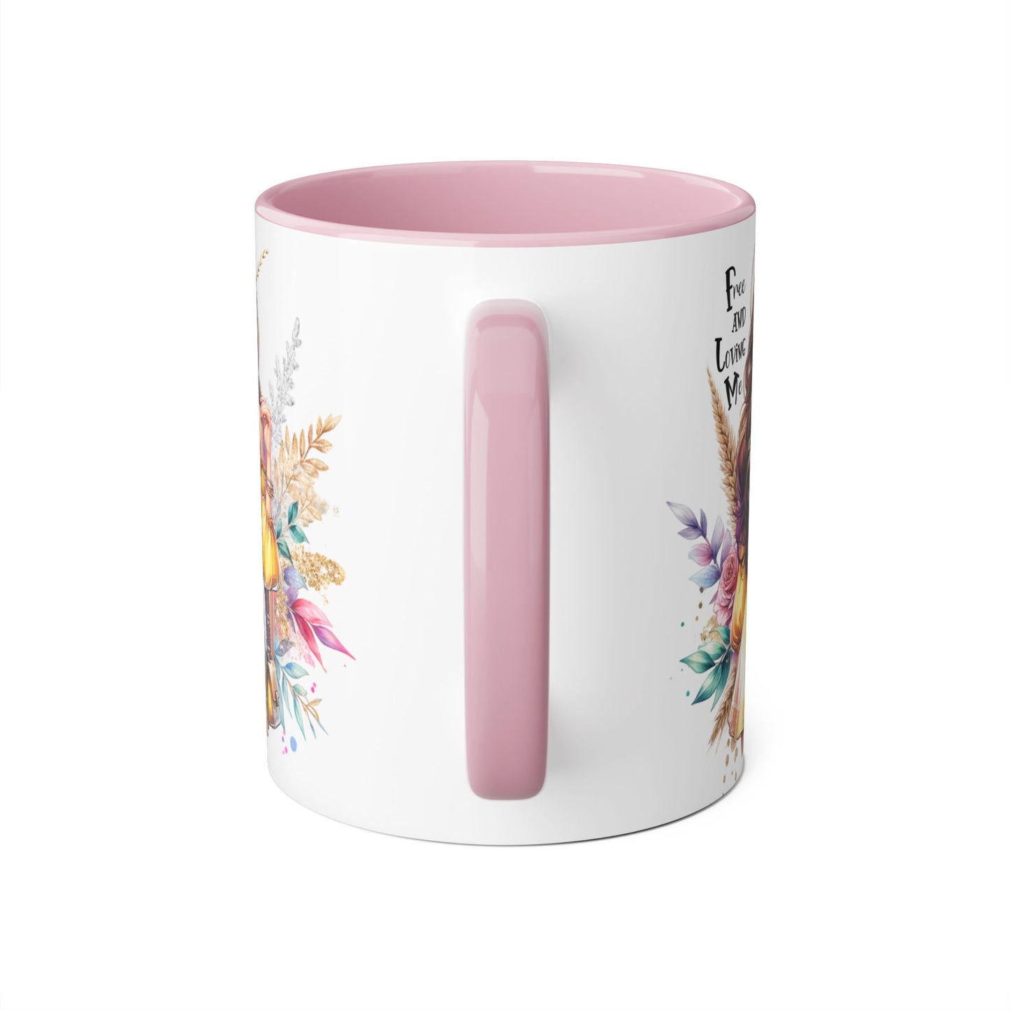 Free and Loving Me Bold Boho Accent Mug, Artistic Coffee Cup, Unique Gift for Women, Inspirational Kitchenware, Floral Design, Birthday Mug