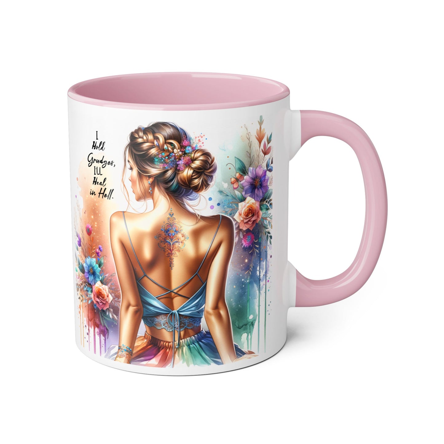 I Hold Grudges, I'll Heal in Hell Artistic Accent Mugs for Creative Souls, Unique Gift for Artists, Inspirational Coffee Cup, Floral Design Mug, Great for Birthdays, Holidays