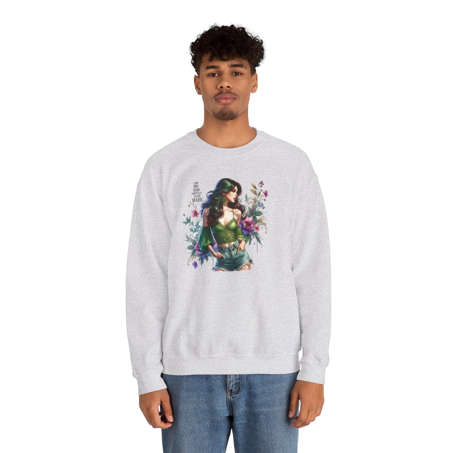 I Am My Own Happily Ever After Heroine Floral Sweatshirt | Unisex Cozy Crewneck, Gift for Her, Vintage Style, Plant Lover's Apparel, Superhero Inspired