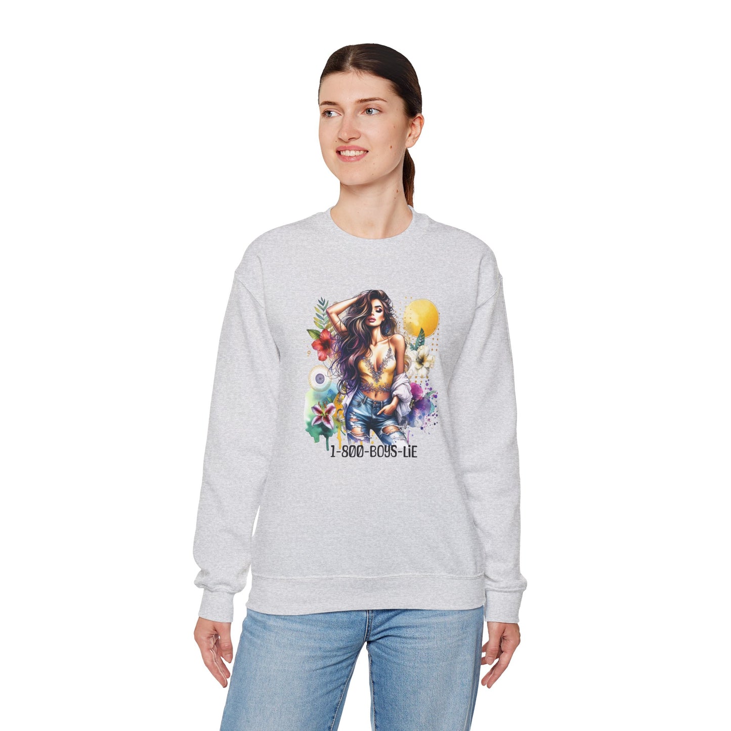 1-800-Boys-Lie Boho Chic Crewneck Sweatshirt with Floral Design, Unisex Gift, Self-Love Apparel, Cozy Casual Wear, Perfect for Relaxation