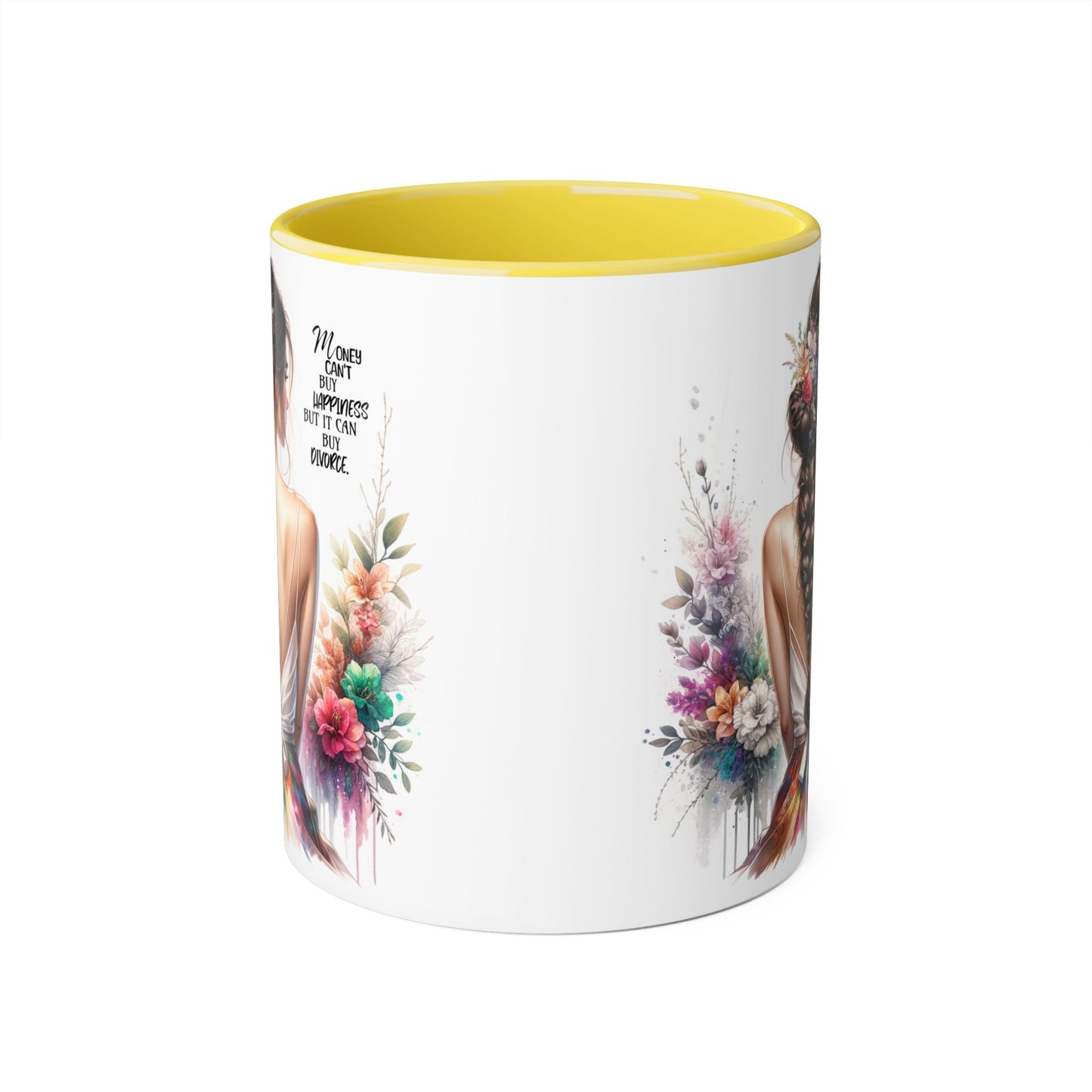 Money Can't Buy Happiness But It Can Buy Divorce Humoristic Inspirational Accent Mug, 11oz Coffee Cup for Women, Gift for Her, Floral Design, Motivational Quote Mug, Birthday Gift