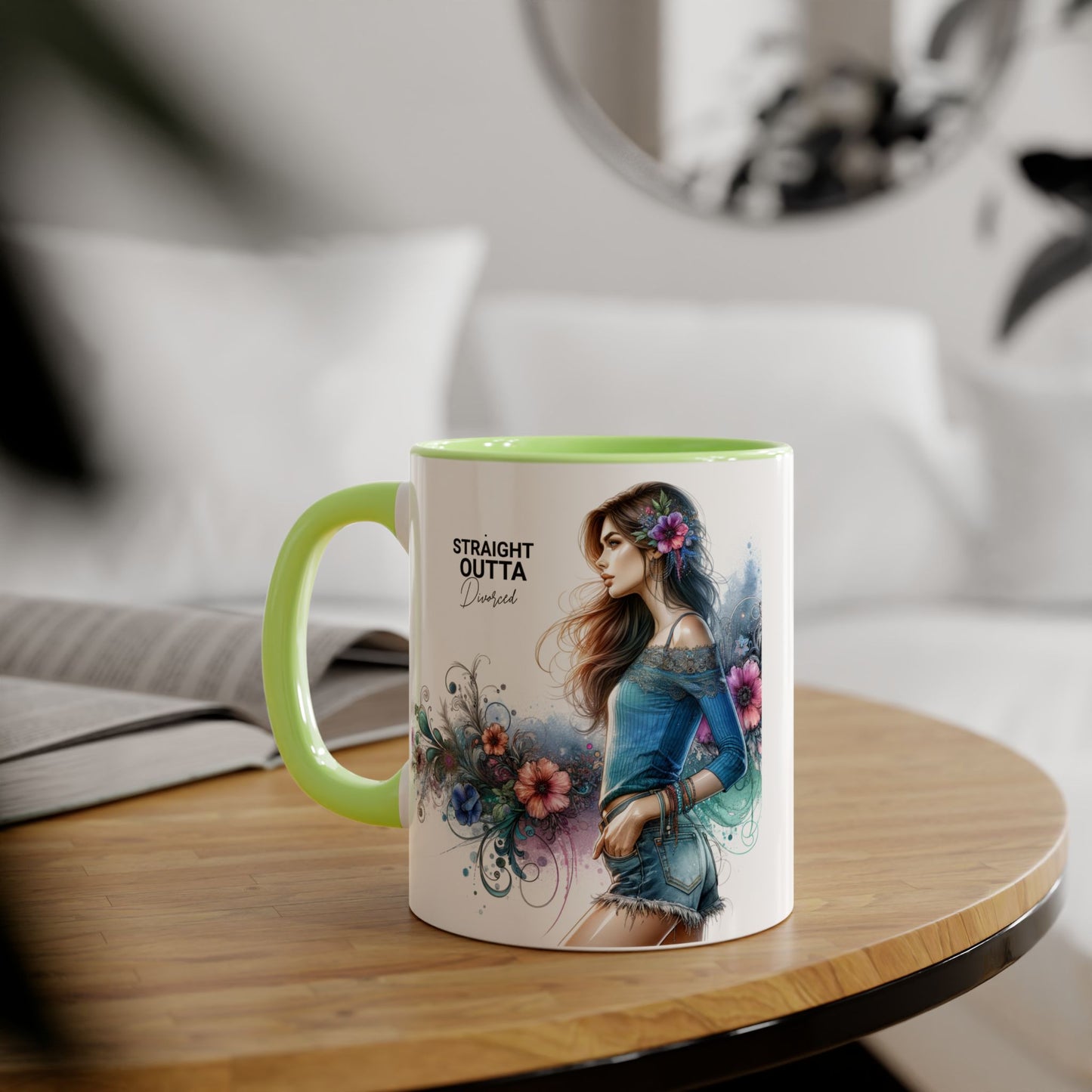 Straight Outta Divorced Humoristic Bohemian Accent Mugs with Floral Art – Trendy Coffee Cup, Gift for Friends, Decor, Home, Birthday, or Celebration