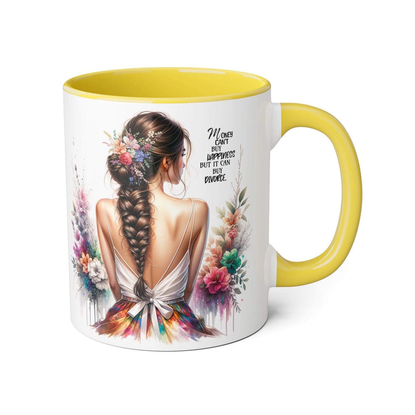 Money Can't Buy Happiness But It Can Buy Divorce Humoristic Inspirational Accent Mug, 11oz Coffee Cup for Women, Gift for Her, Floral Design, Motivational Quote Mug, Birthday Gift