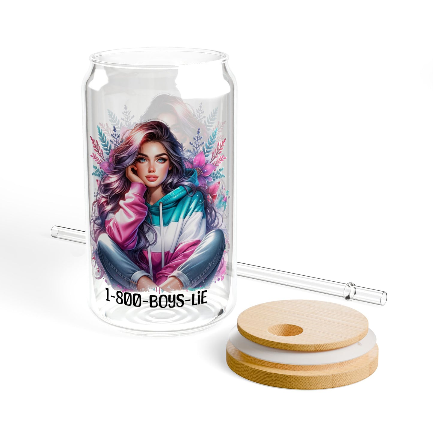 1-800-Boys-Lie Stylish Sipper Glass with Straw, Aesthetic Drinkware for Home, Party, Gifts, Summer Refreshments, Eco-friendly Beverage Container