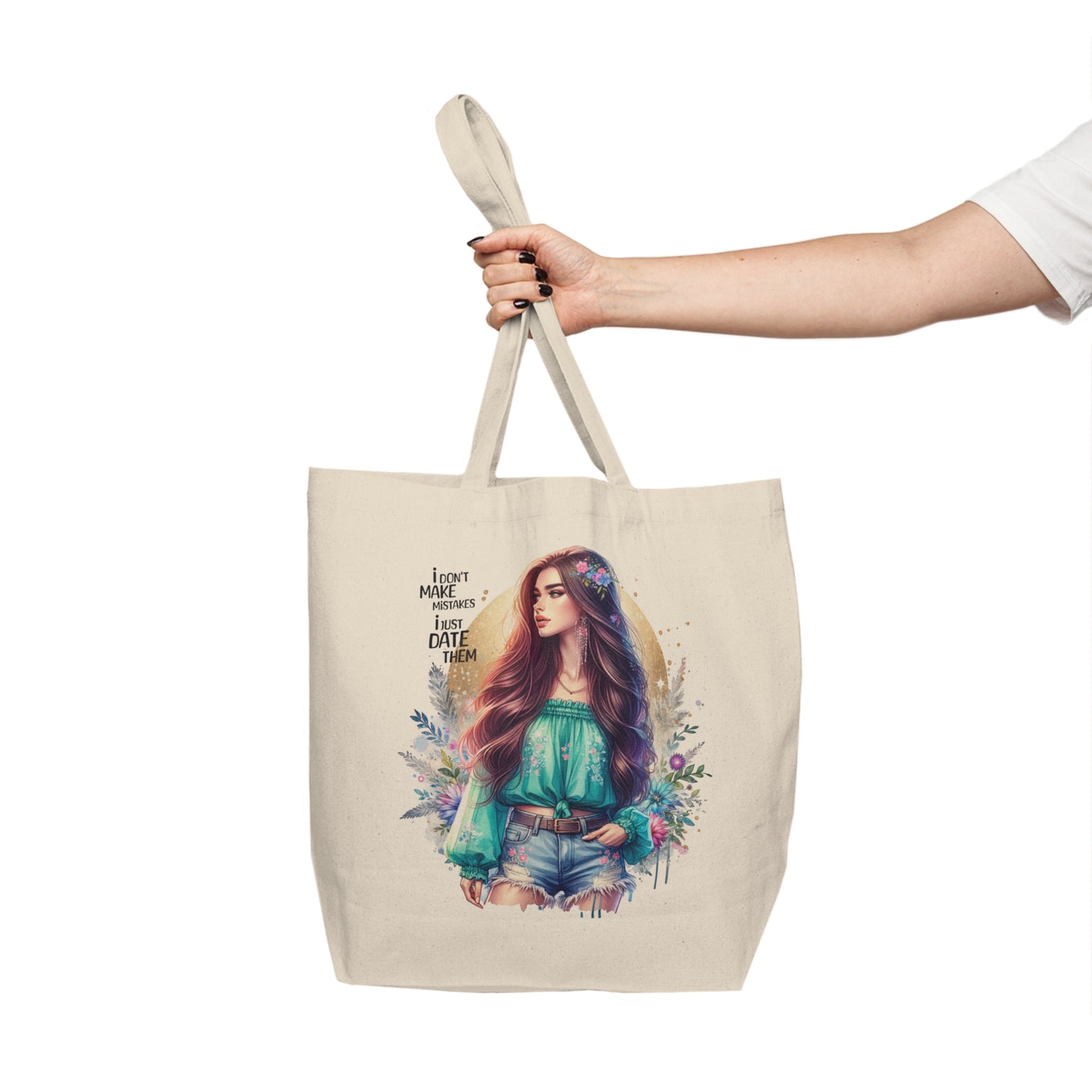 I Don`t Make Mistakes, I Just Date Them Stylish Canvas Shopping Tote with Inspirational Quote, Eco-Friendly Bag, Reusable Grocery Bag, Beach Tote, Boho Tote for Everyday Use