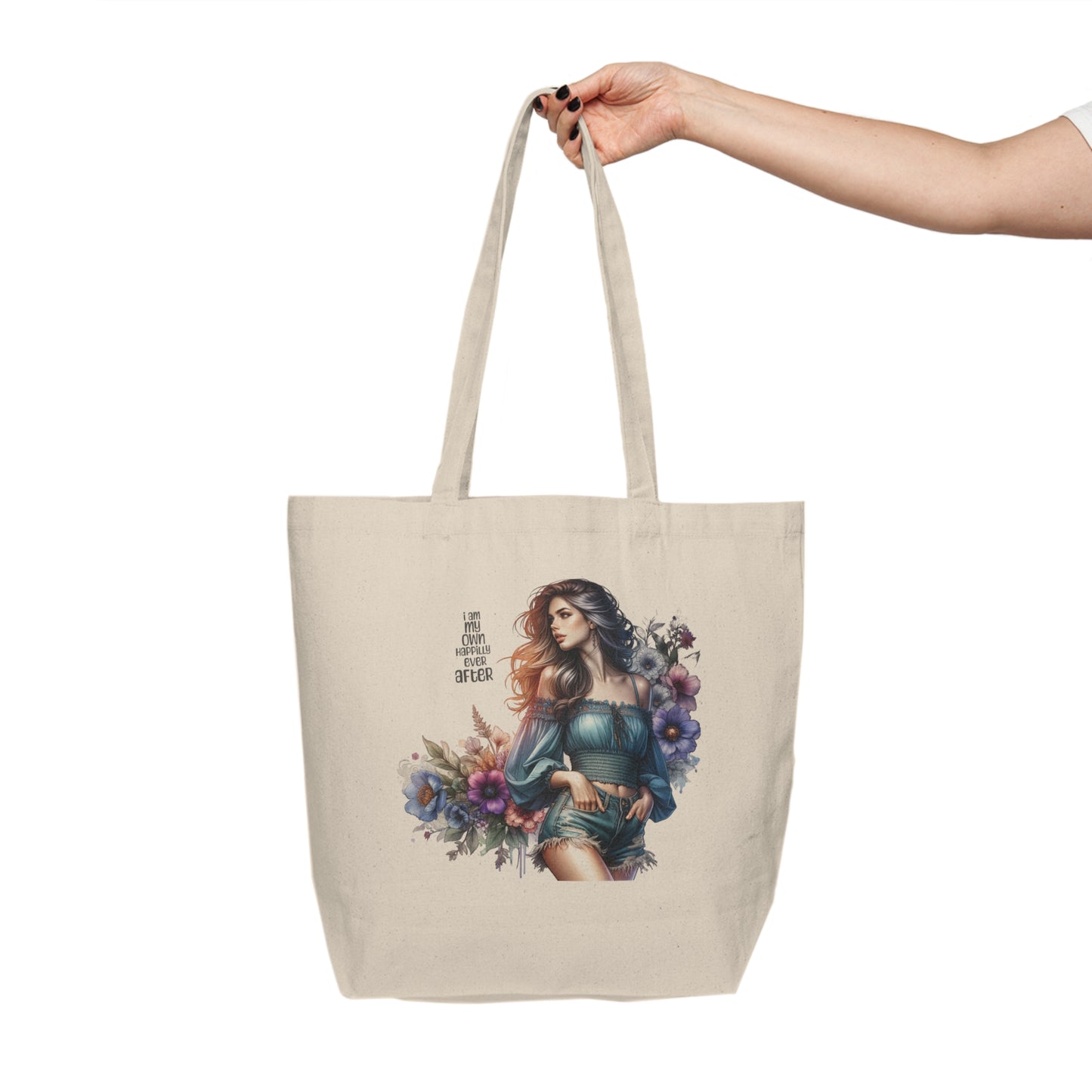 I Am My Own Happily Ever After Bohemian Canvas Shopping Tote Bag, Eco-Friendly Market Bag, Floral Design Tote, Gift for Her, Everyday Use, Beach or Grocery Tote