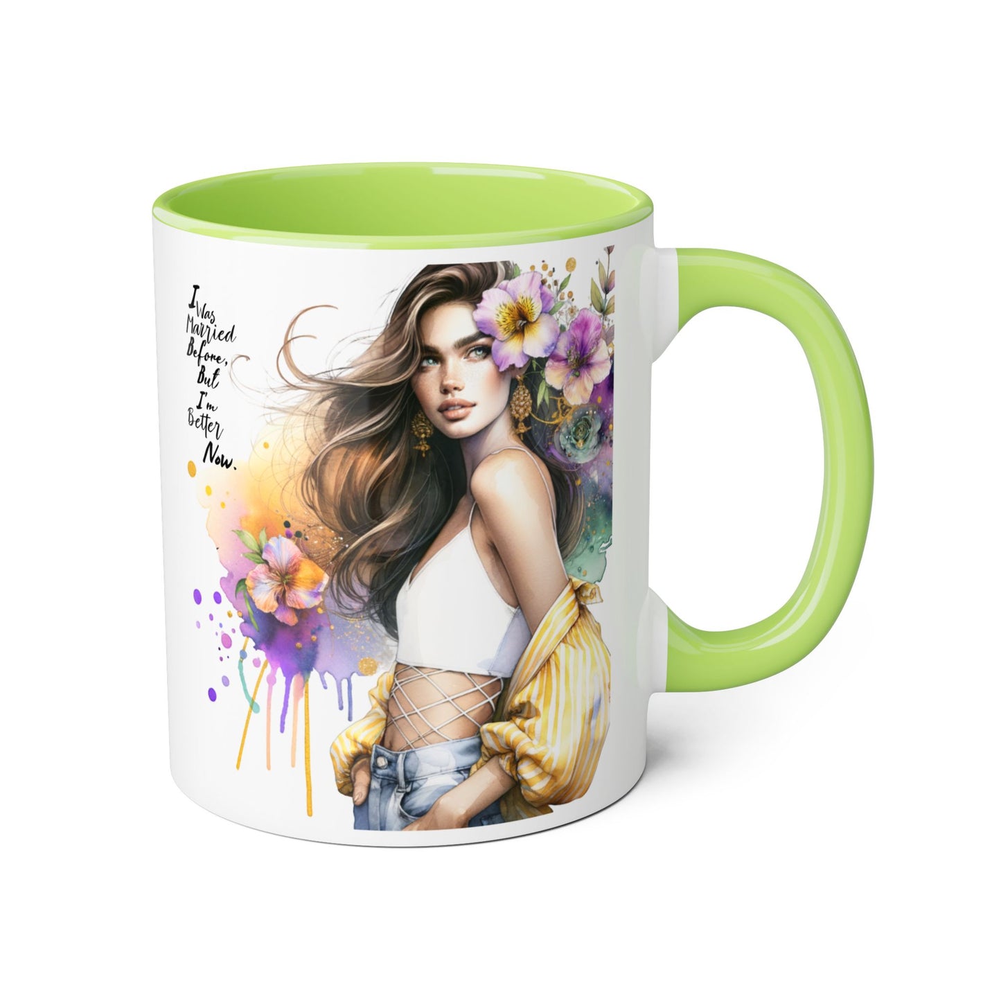 I Was Married Before But I'm Better Now Humoristic Artistic Accent Mug, Coffee Cup for Inspiration, Floral Design, Gift for Friends, Birthday, Home Decor, Motivational Drinkware