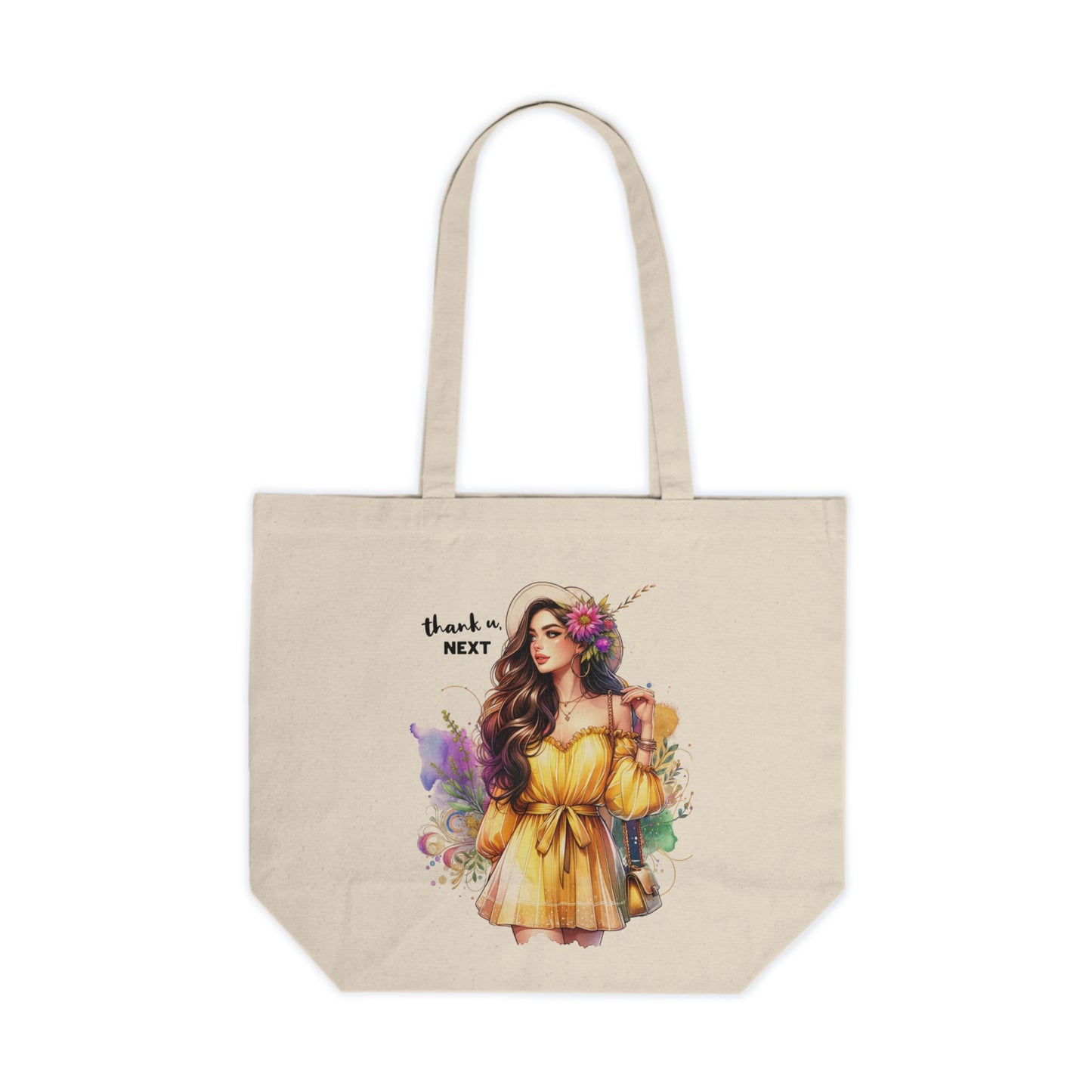 Thank U, Next Boho Chic Canvas Tote Bag with Floral Art, Reusable Grocery Tote, Eco-Friendly Bag, Beach Tote, Gift for Her