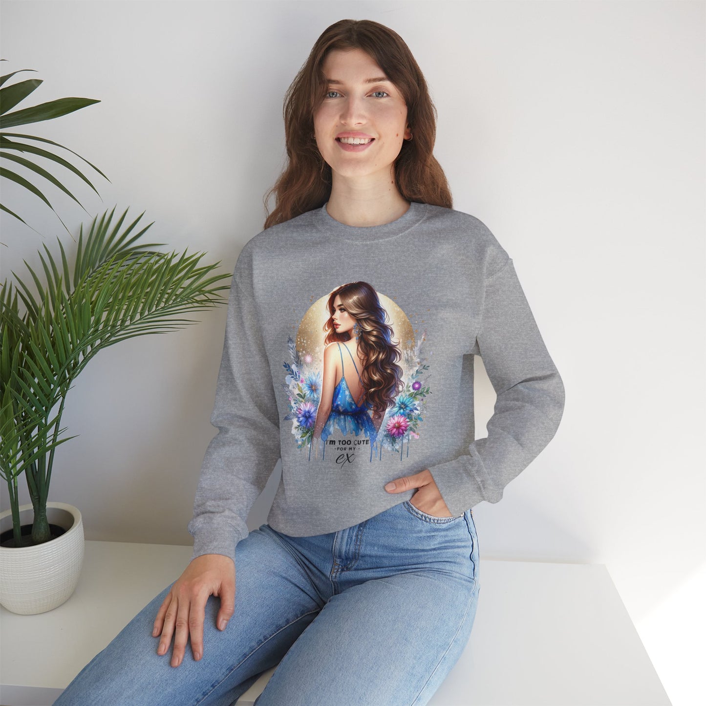 I'm Too Cute For My Ex Artistic Floral Crewneck Sweatshirt with Elegant Woman Design, Cozy Pullover, Gift for Her, Trendy Apparel, Perfect for Everyday Wear