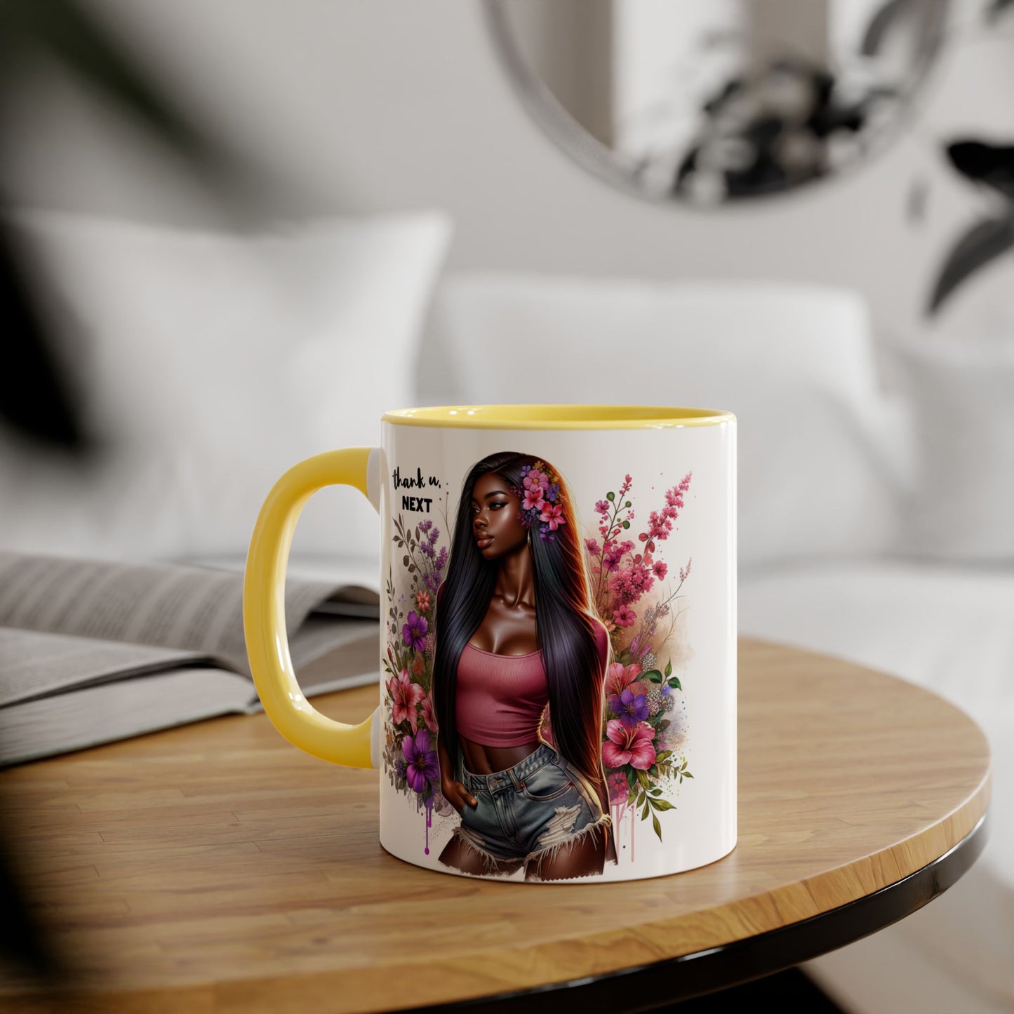 Thank U, Next Floral Accent Mug, Thank U Next Quote, Gift for Her, Coffee Cup, Unique Art, Black Handle Mug