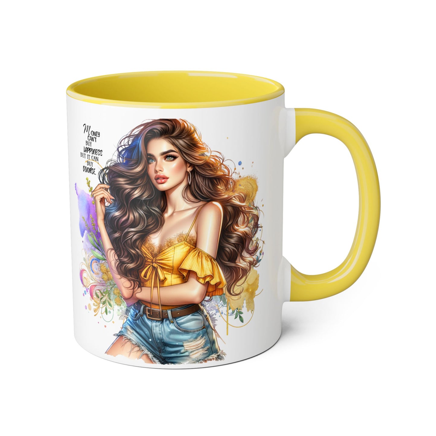 Money Can't Buy Happiness But It Can Buy Divorce Humoristic Empowering Accent Mug, Inspirational Coffee Cup, Artful Drinkware for Self-Care, Perfect Gift for Birthdays, Motivational Decor