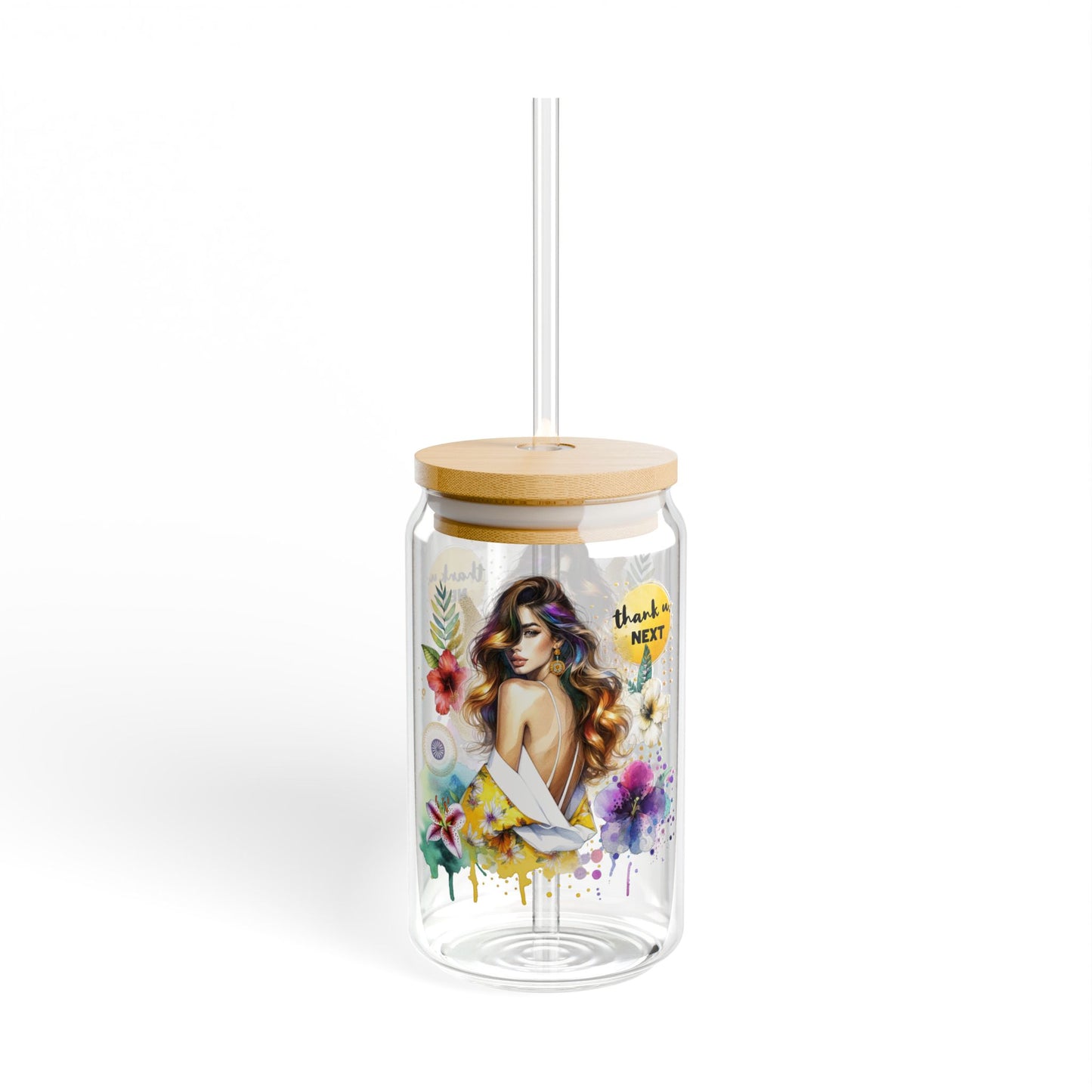 Thank U, Next Chic Sipper Glass | 16oz Floral Art Drinkware, Stylish Water Bottle, Eco-Friendly Straw Cup, Gift for Her, Tropical Vibes