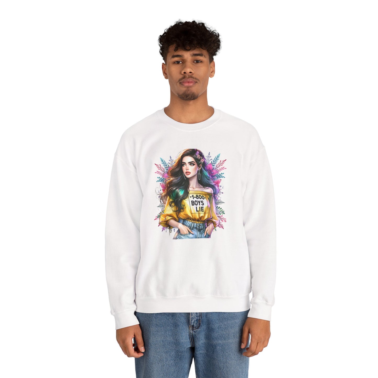 1-800-Boys-Lie Colorful Graphic Crewneck Sweatshirt - 'Boys Lie' Design, Unisex Sweatshirt, Trendy Gift, Casual Wear, Comfortable Outfit