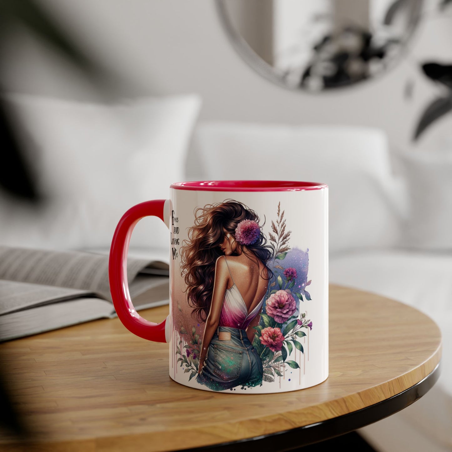 Free and Loving Me Boho Floral Accent Mug, 11oz Coffee Cup, Inspirational Mug for Women, Gift for Friends, Cozy Home Decor, Self-Love Reminder