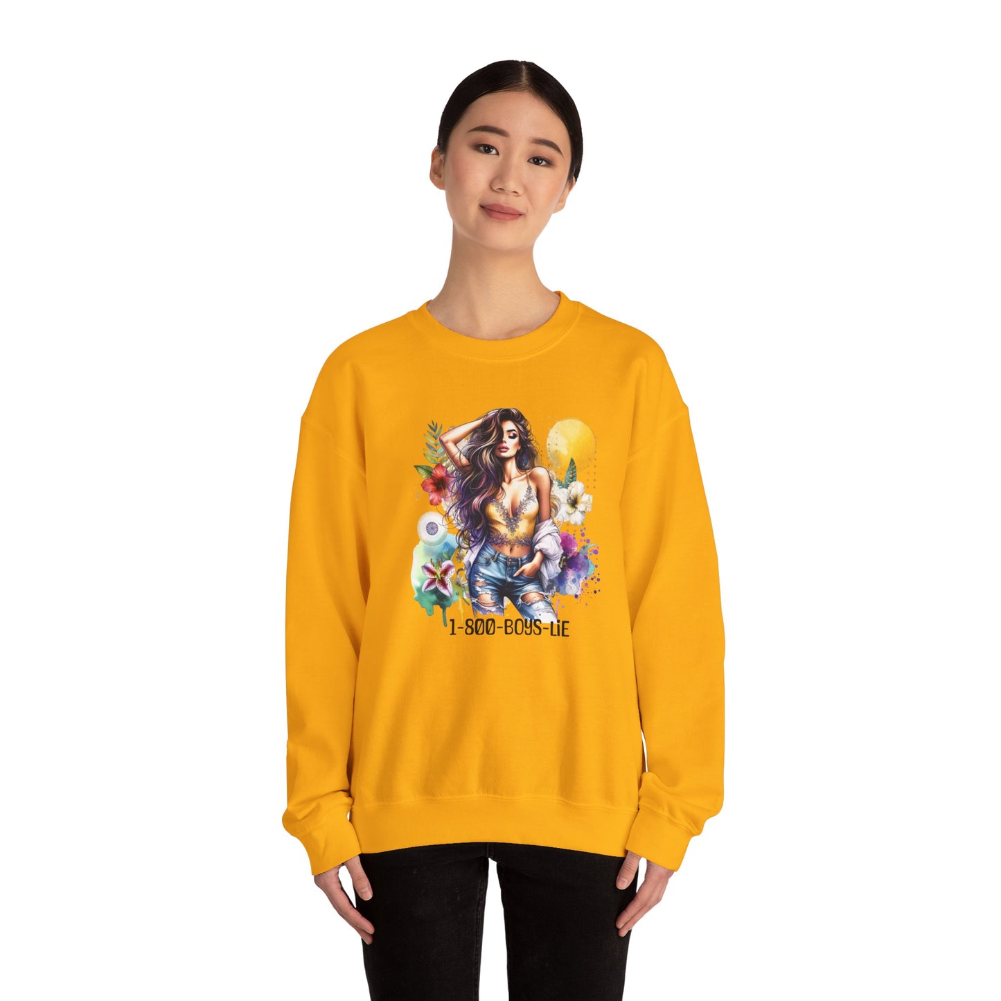 1-800-Boys-Lie Boho Chic Crewneck Sweatshirt with Floral Design, Unisex Gift, Self-Love Apparel, Cozy Casual Wear, Perfect for Relaxation