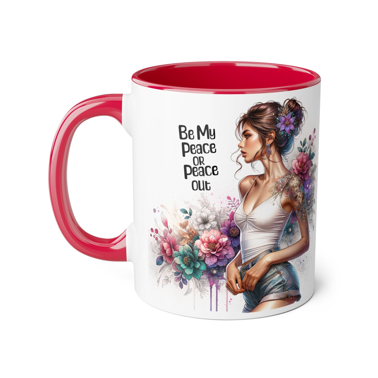 Be My Peace or Peace Out Bohemian Floral Accent Mug - Inspirational Coffee Cup, Gift for Her, Peaceful Vibes, Birthday Present, Home Decor, Artistic Drinkware