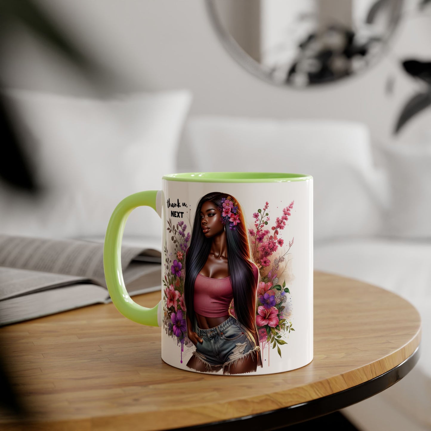 Thank U, Next Floral Accent Mug, Thank U Next Quote, Gift for Her, Coffee Cup, Unique Art, Black Handle Mug