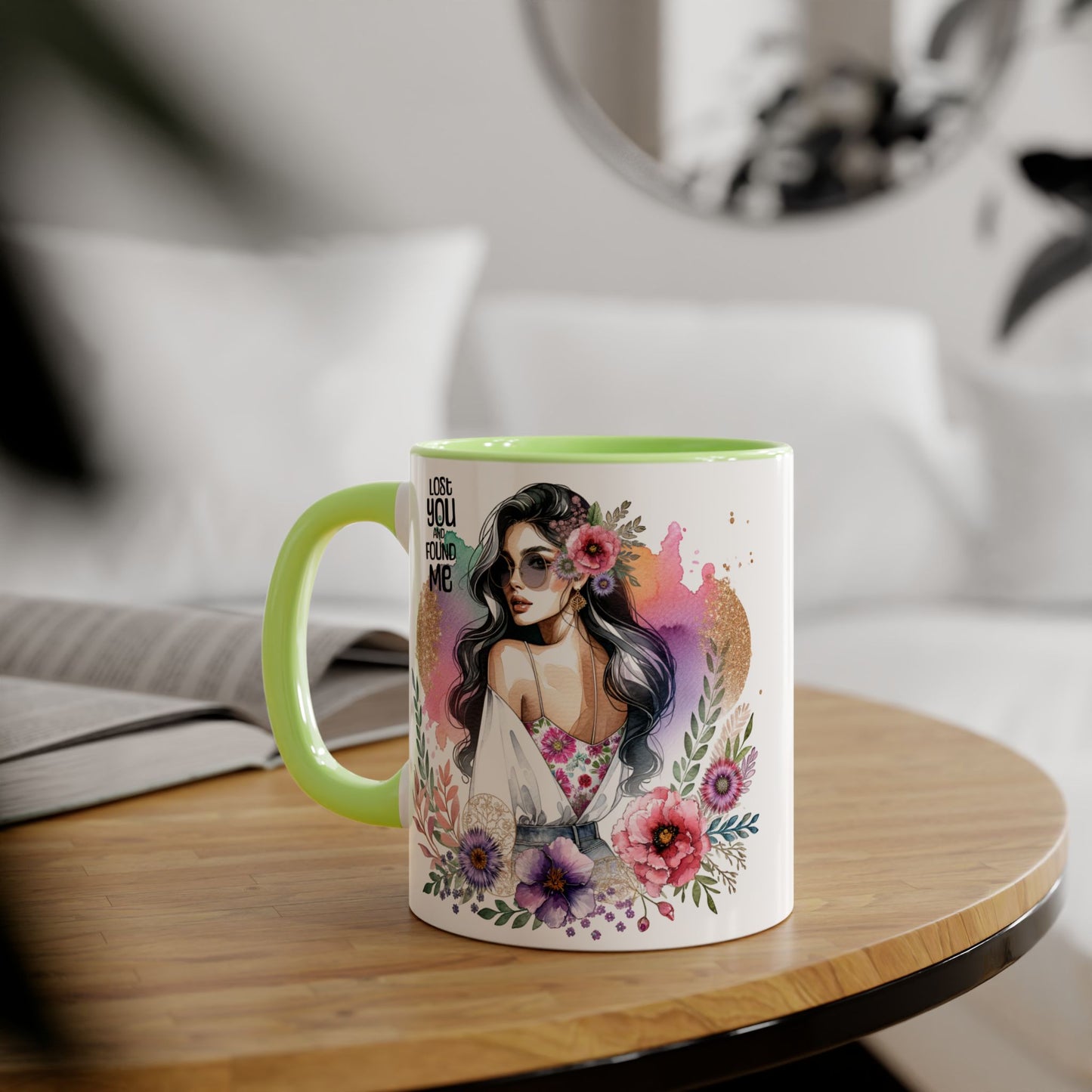 Lost You and Found Me Bohemian Floral Accent Mug, Inspirational Coffee Cup, Gift for Her, Self-Care Essentials, Unique Home Decor, Personalized Drinkware