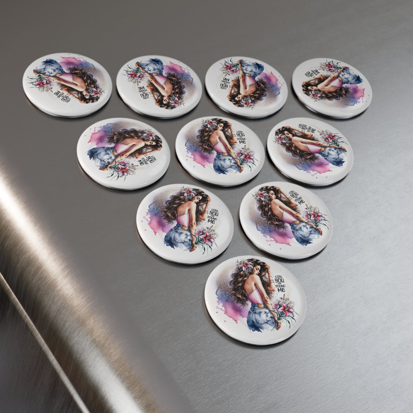 Lost You and Found Me Floral Art Button Magnet - Inspirational Gifts, Round Refrigerator Magnet, Girl Boss Decor, Lost and Found Design