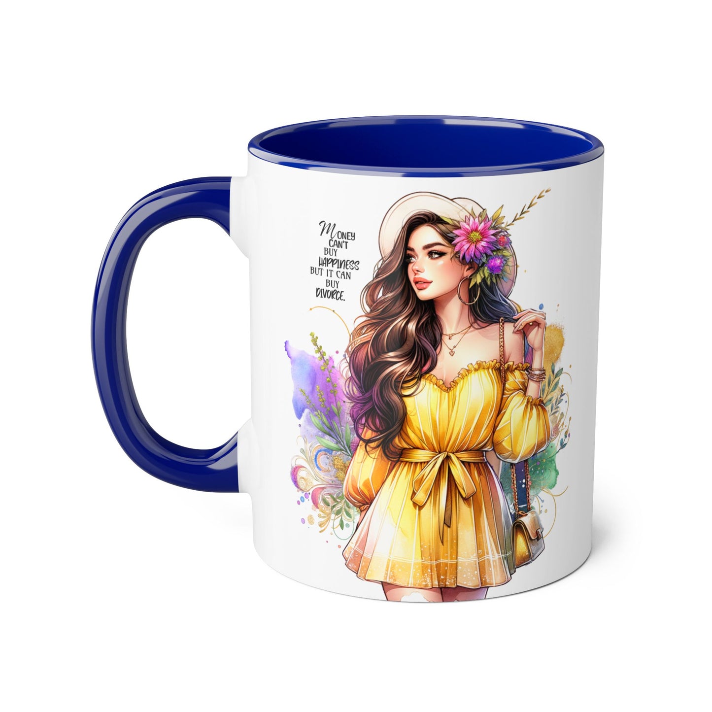 Money Can't Buy Happiness But It Can Buy Divorce Humoristic Bohemian Accent Mug, Motivational Artwork, Gift for Friends, Inspirational Coffee Cup, Floral Design, Home Decor