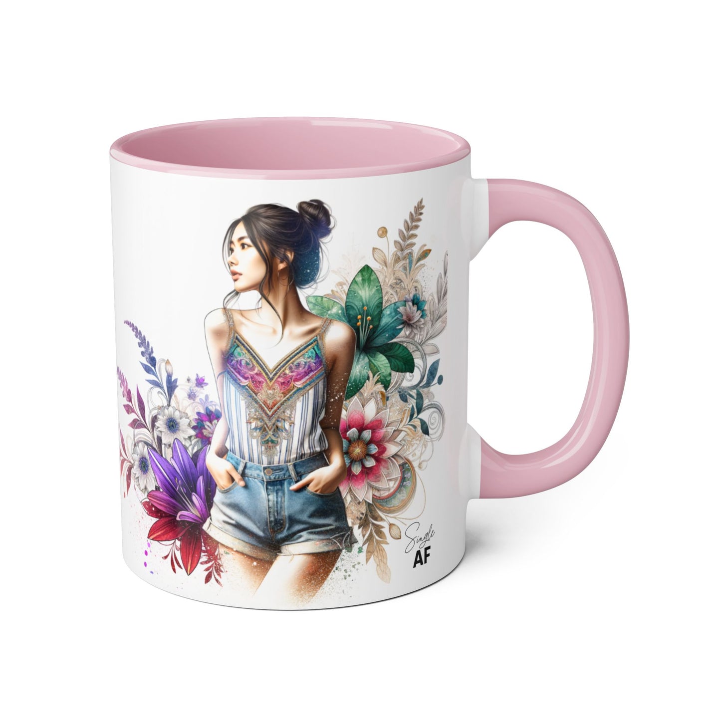 Single AF Boho Flower Accent Mug - Artistic Coffee Cup, Floral Design, Gift for Her, Birthday, Home Decor, Unique Artwork, 11oz
