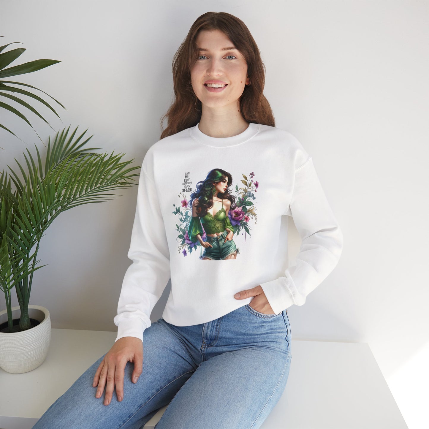 I Am My Own Happily Ever After Heroine Floral Sweatshirt | Unisex Cozy Crewneck, Gift for Her, Vintage Style, Plant Lover's Apparel, Superhero Inspired