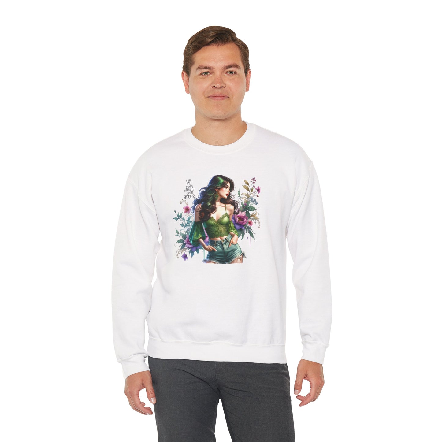 I Am My Own Happily Ever After Heroine Floral Sweatshirt | Unisex Cozy Crewneck, Gift for Her, Vintage Style, Plant Lover's Apparel, Superhero Inspired