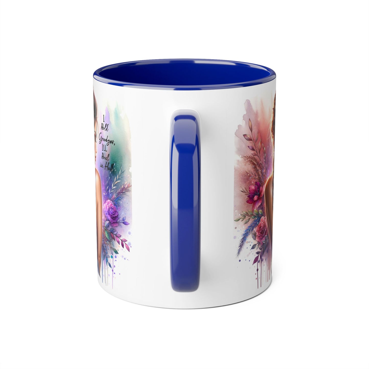 I Hold Grudges, I'll Heal in Hell Artistic Black Accent Mug, Inspirational Coffee Cup, Unique Gift for Her, Flower Design Tea Mug, Stylish Drinkware for Every Occasion
